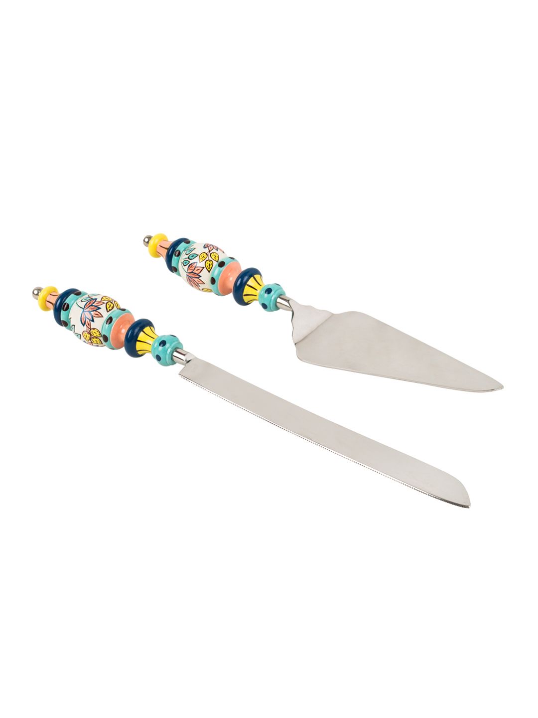Chumbak Blue & Green Set Of 2 Floral Printed Hand-painted Stainless Steel Cake Server Set Price in India
