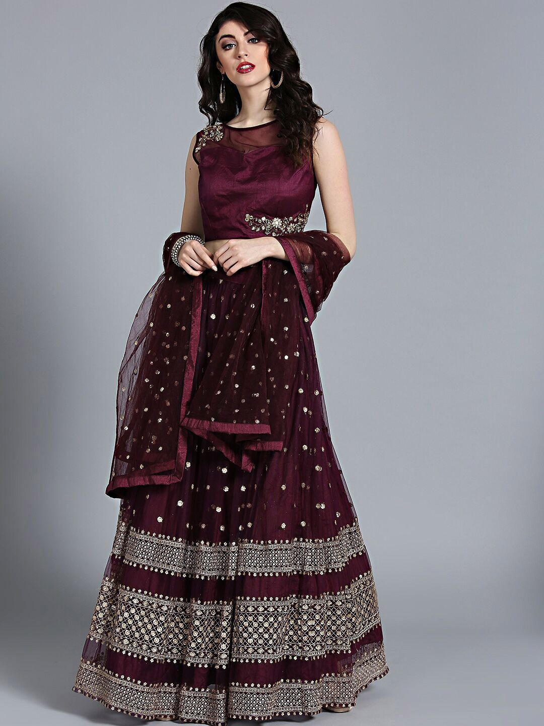 Chhabra 555 Burgundy & Gold-Coloured Made to Measure Lehenga & Blouse with Dupatta