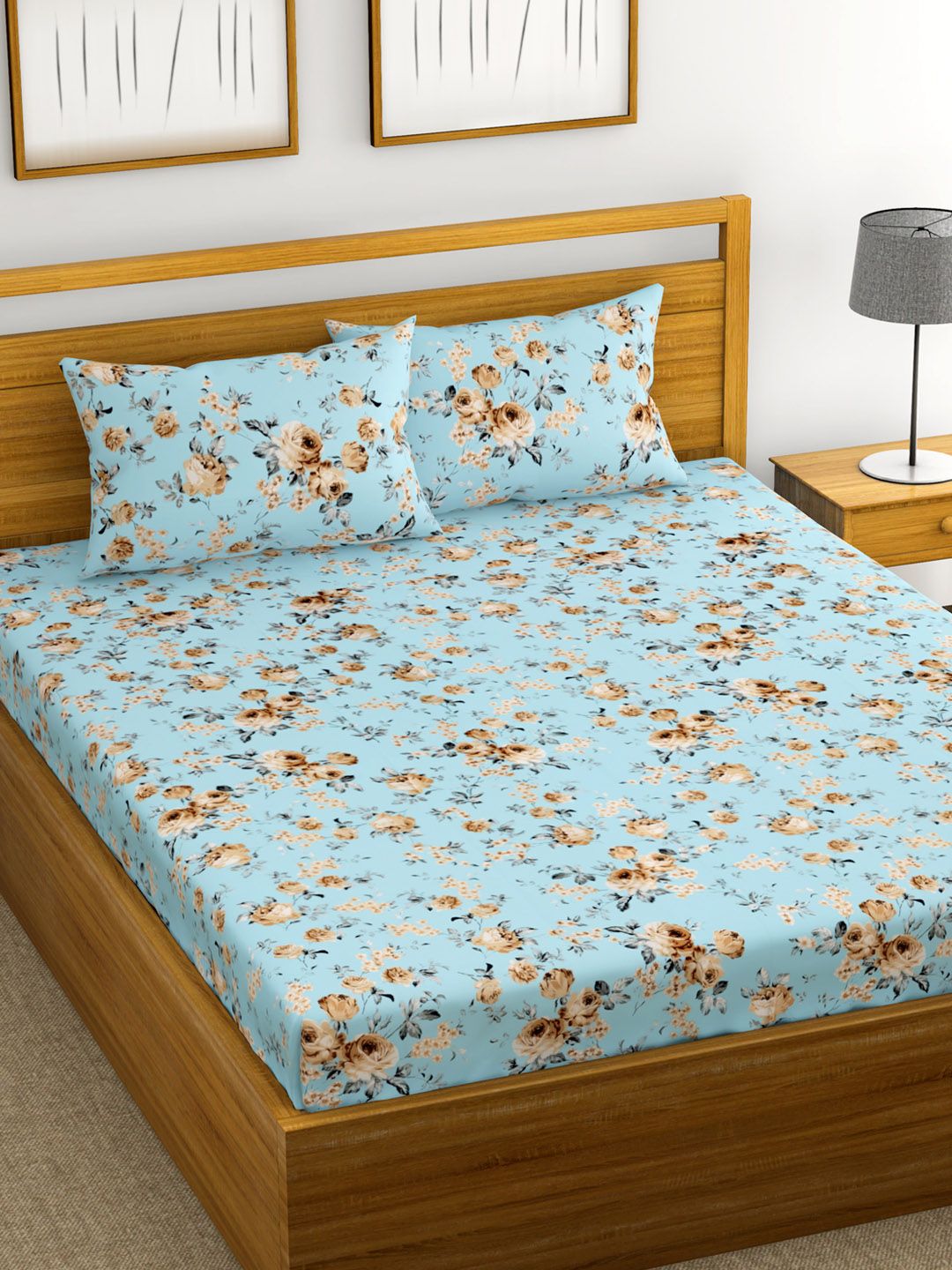 URBAN SPACE Aqua Blue & Yellow Floral 200 TC Cotton 1 Queen Bedsheet with 2 Pillow Covers Price in India