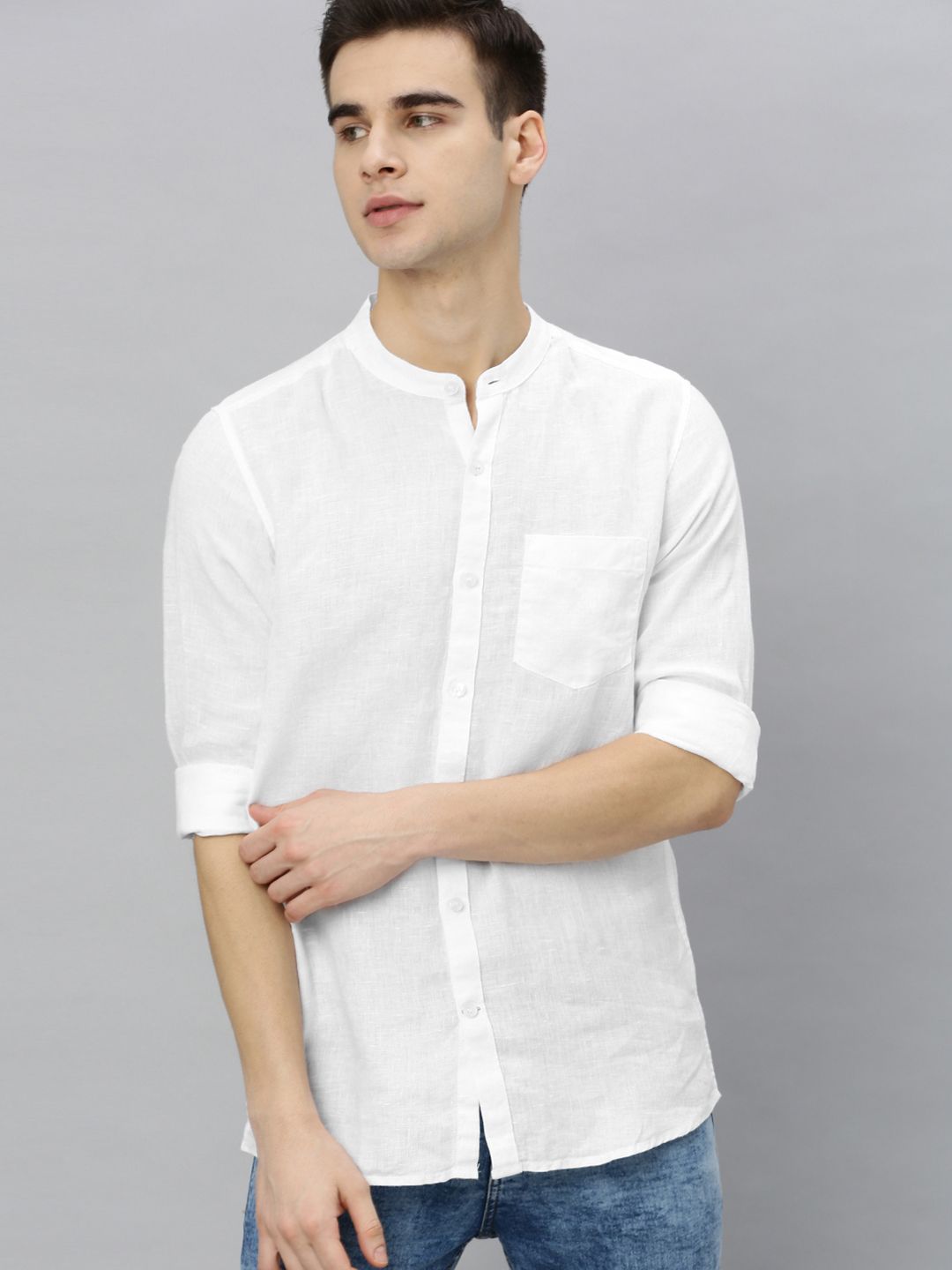 Mast & Harbour Men White Slim Fit Solid Linen Casual Shirt