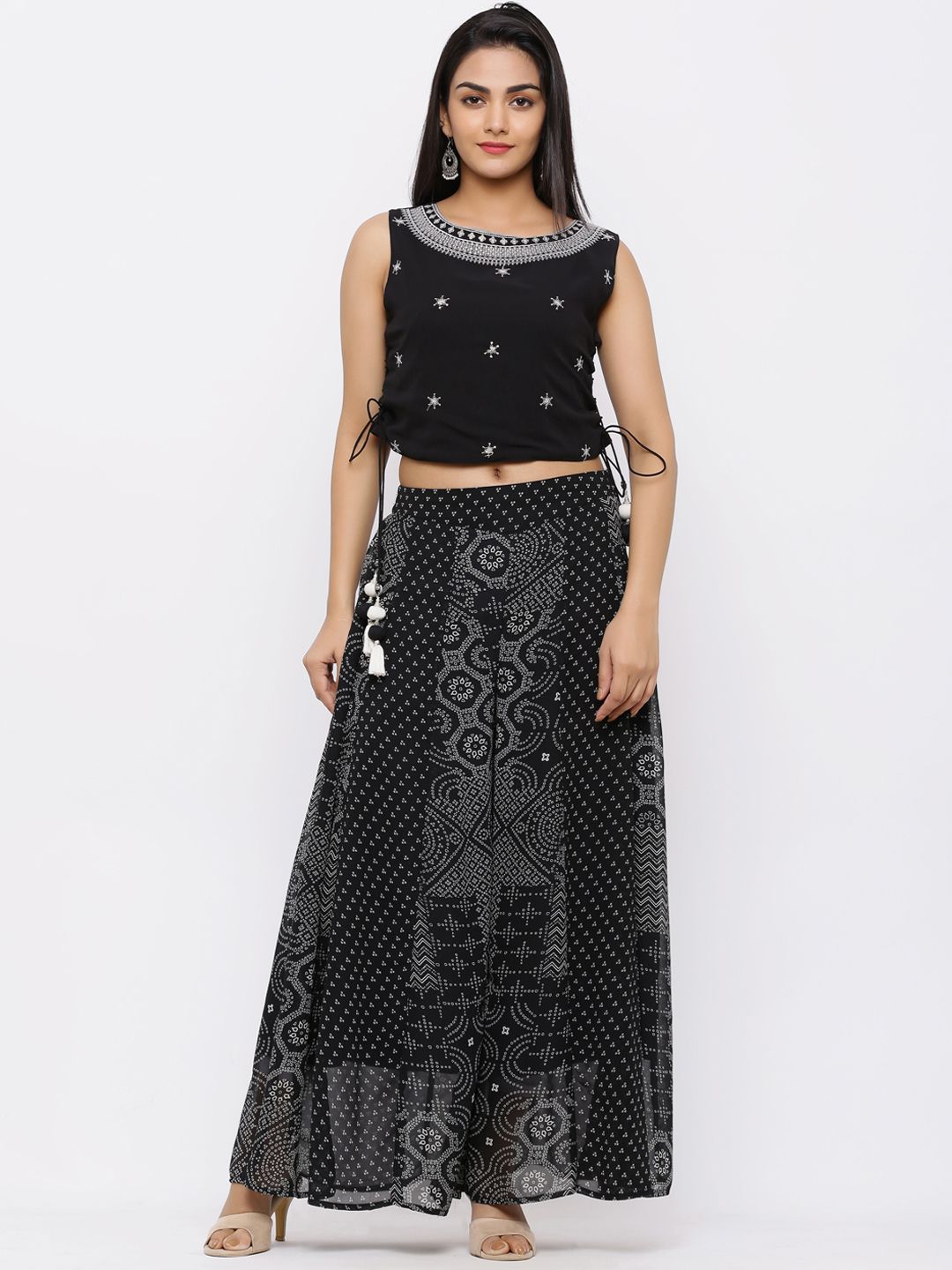 Juniper Women Black & Off-White Embellished Top with Palazzos Price in India