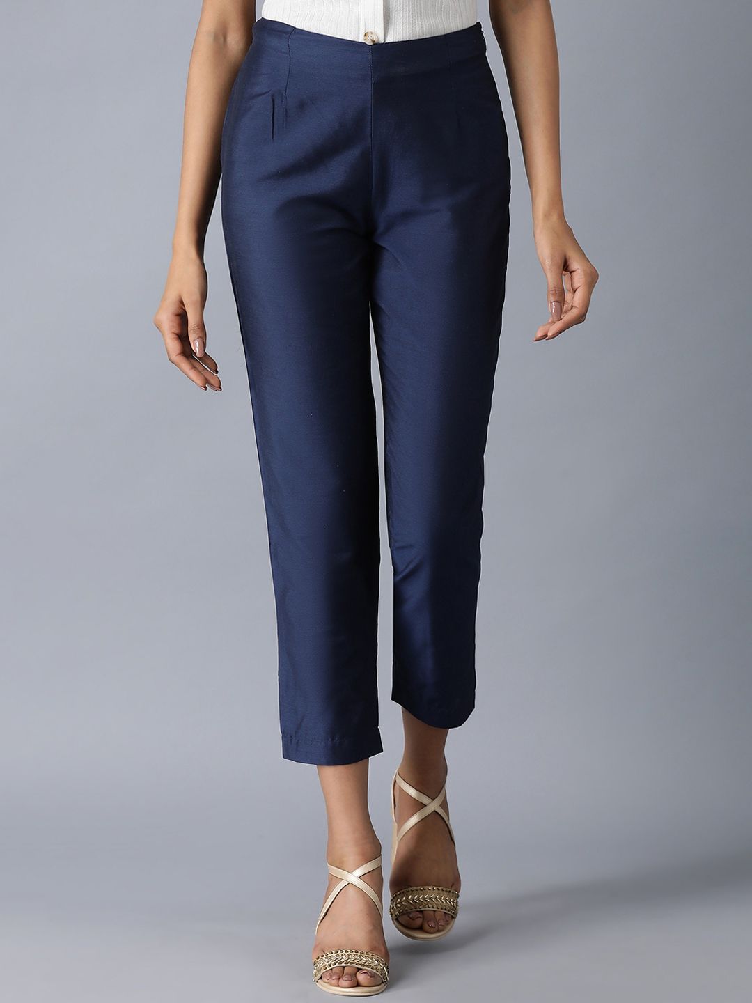 W Women Blue Slim Fit Solid Cigarette Trousers Price in India