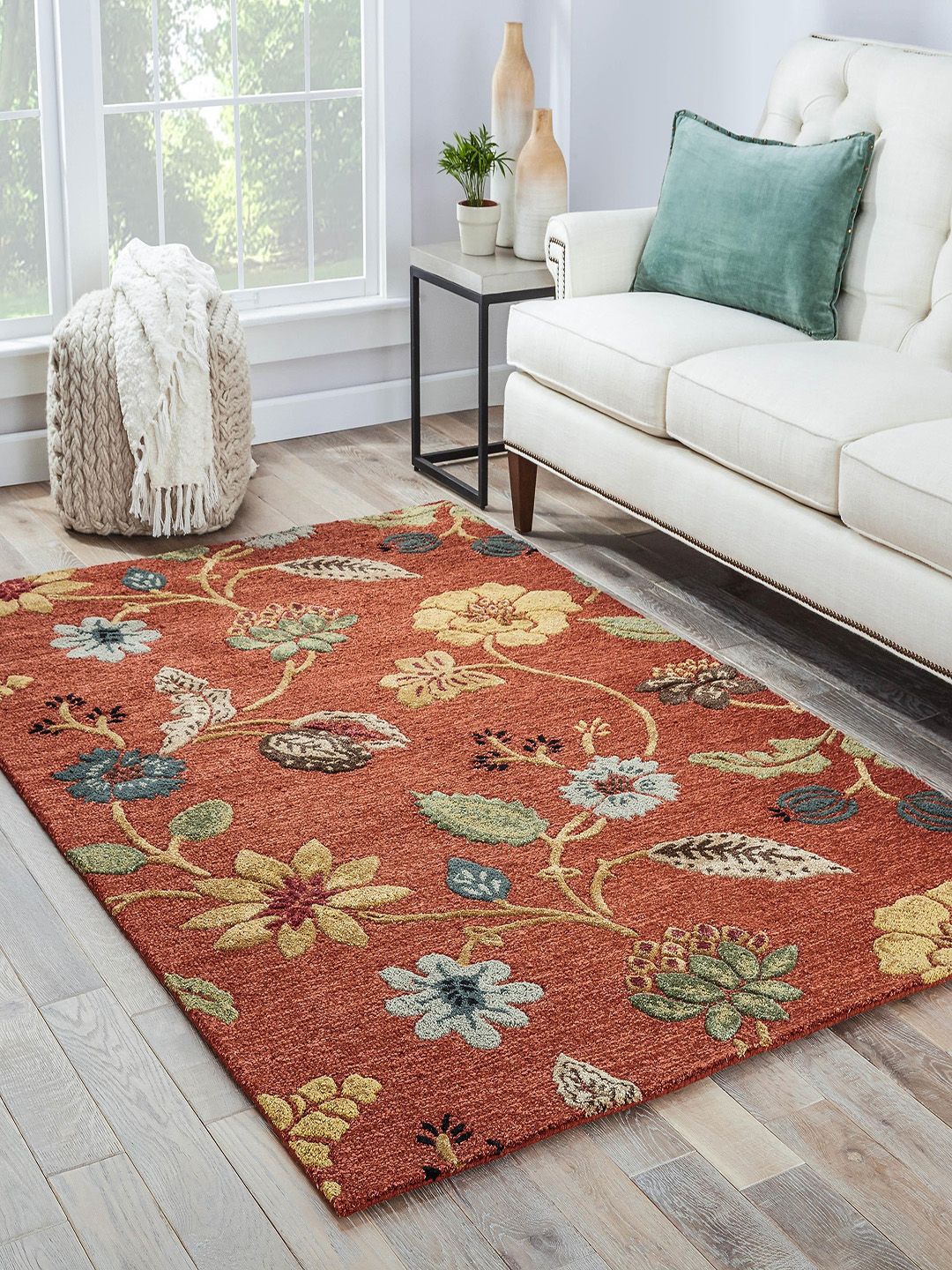 Jaipur Rugs Rust-Coloured & Green Floral Printed Hand-Tufted Carpet Price in India