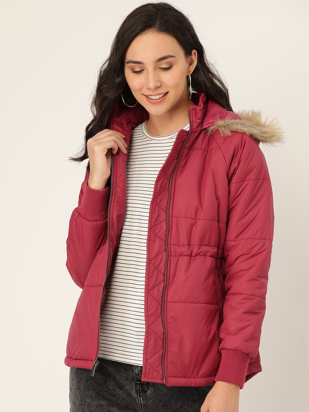 DressBerry Women Maroon Solid Parka Jacket Price in India