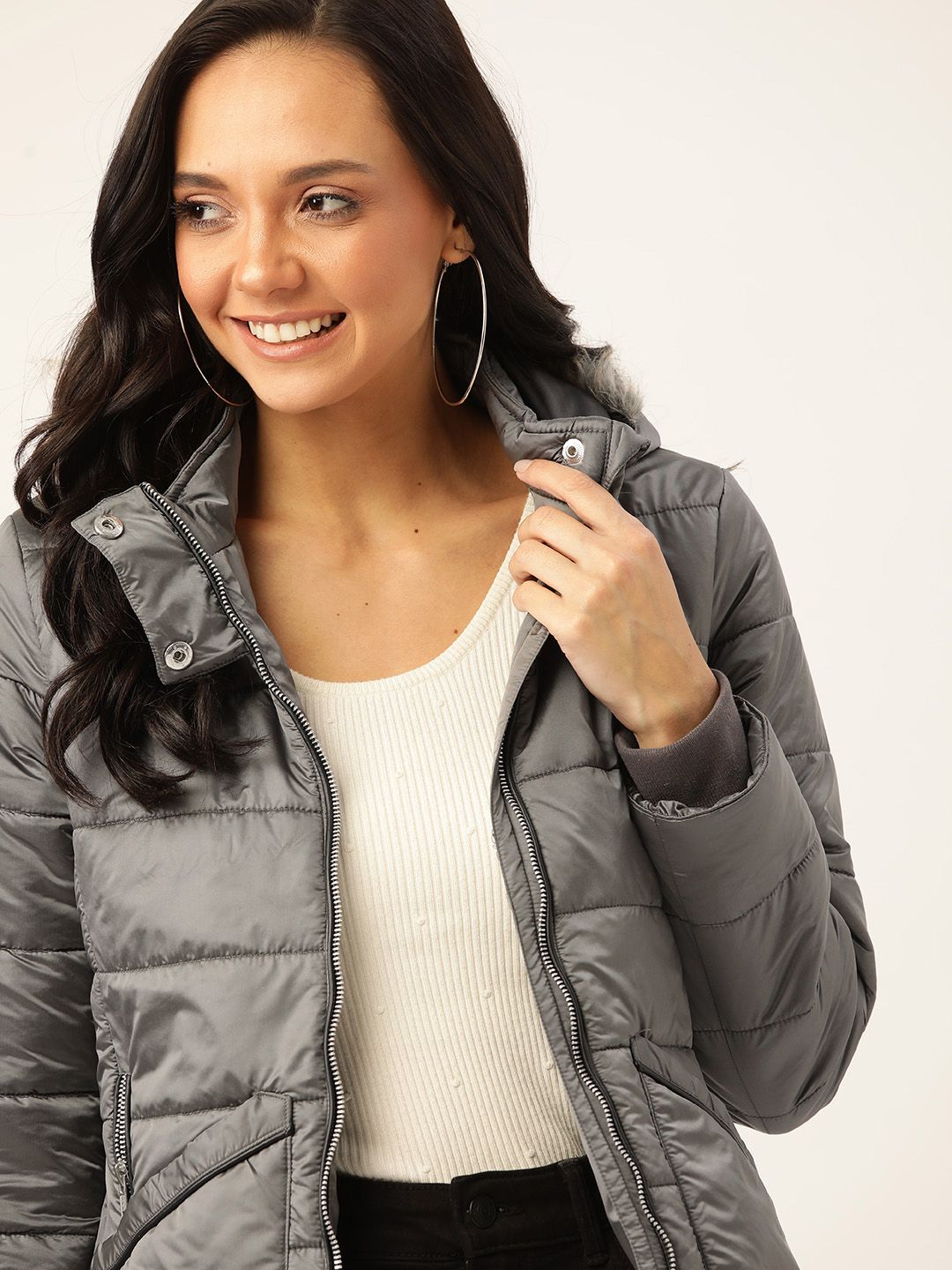 DressBerry Women Charcoal Grey Solid Hooded Parka Jacket Price in India