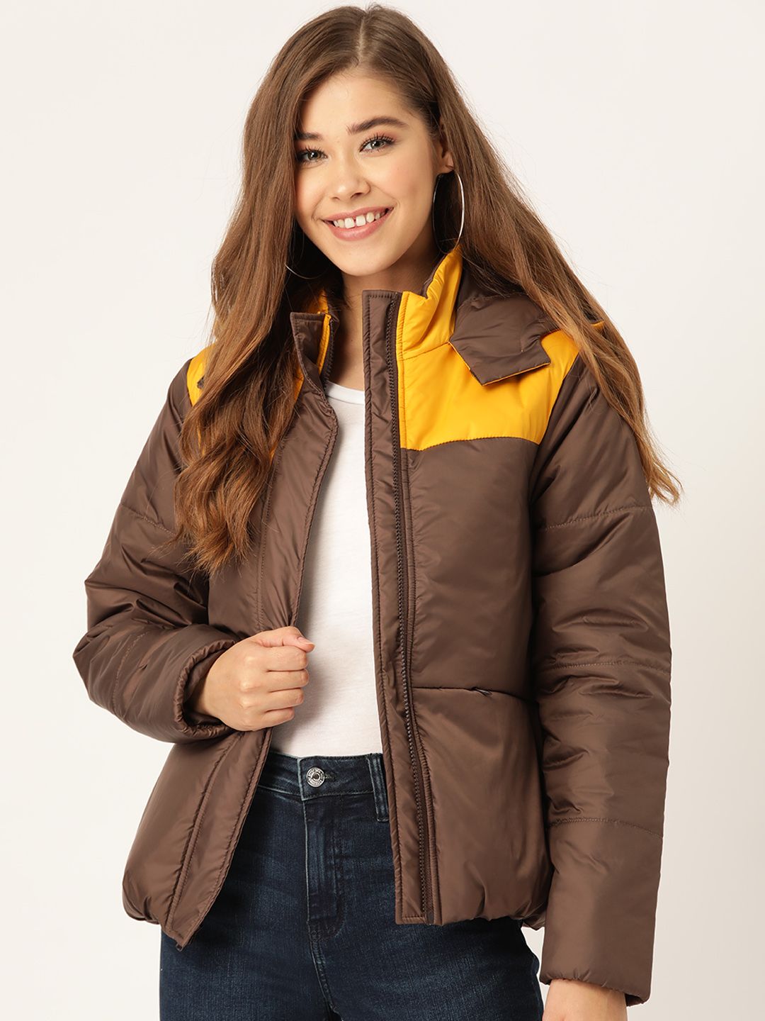 DressBerry Women Brown & Mustard Yellow Colourblocked Hooded Padded Jacket Price in India