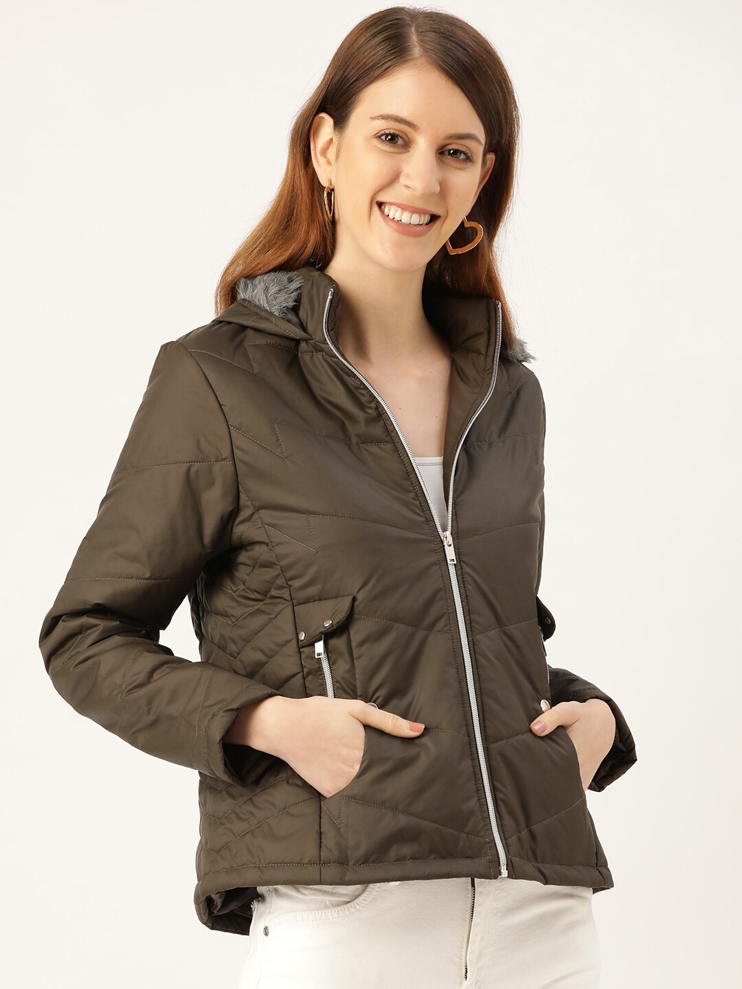 DressBerry Women Olive Green Solid Parka Jacket Price in India