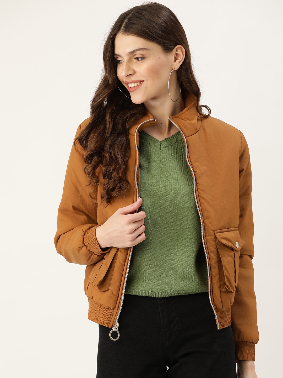 DressBerry Women Mustard Brown Solid Bomber Jacket Price in India