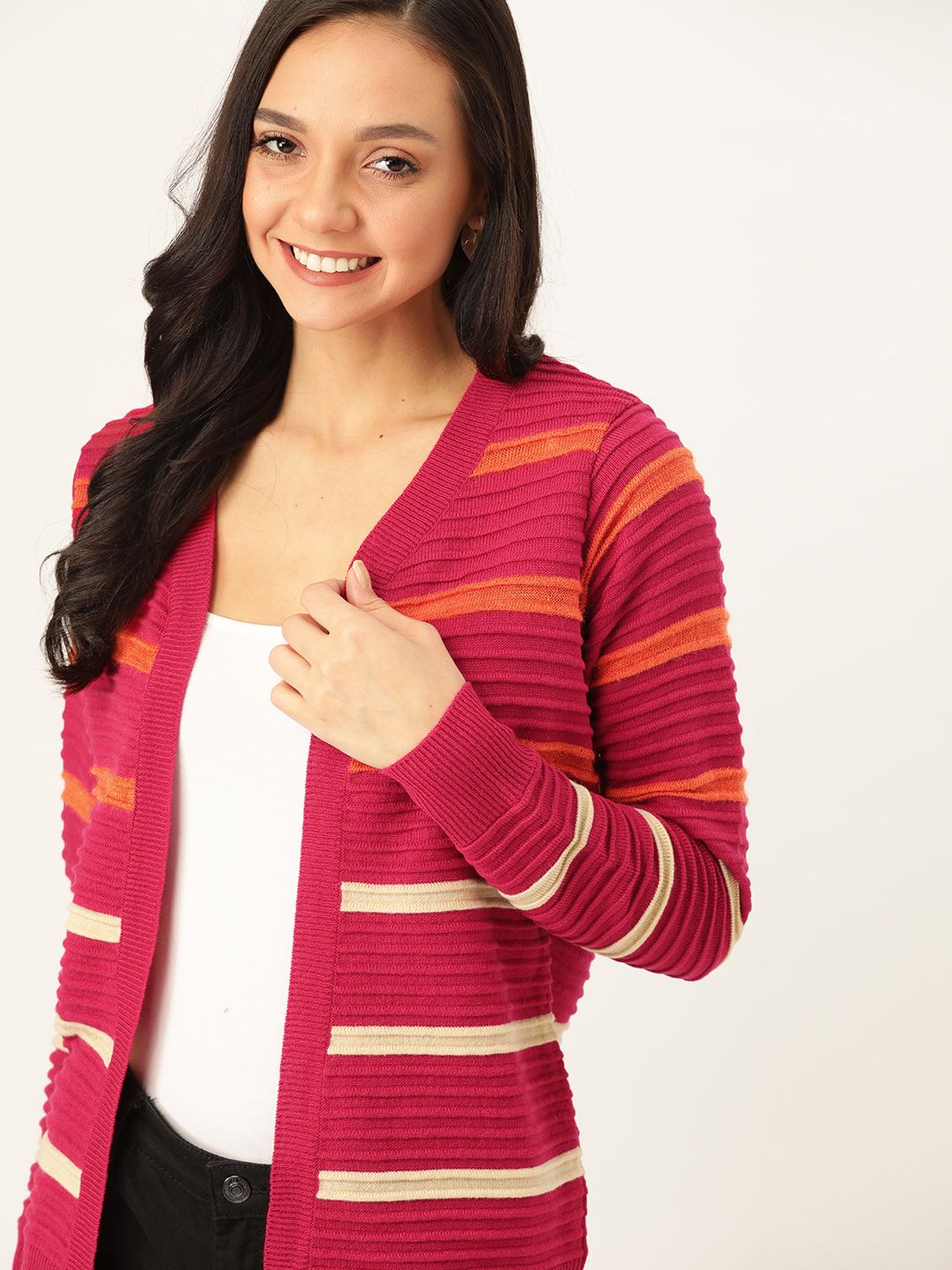 DressBerry Women Pink & Orange Acrylic Striped Open Front Shrug Price in India