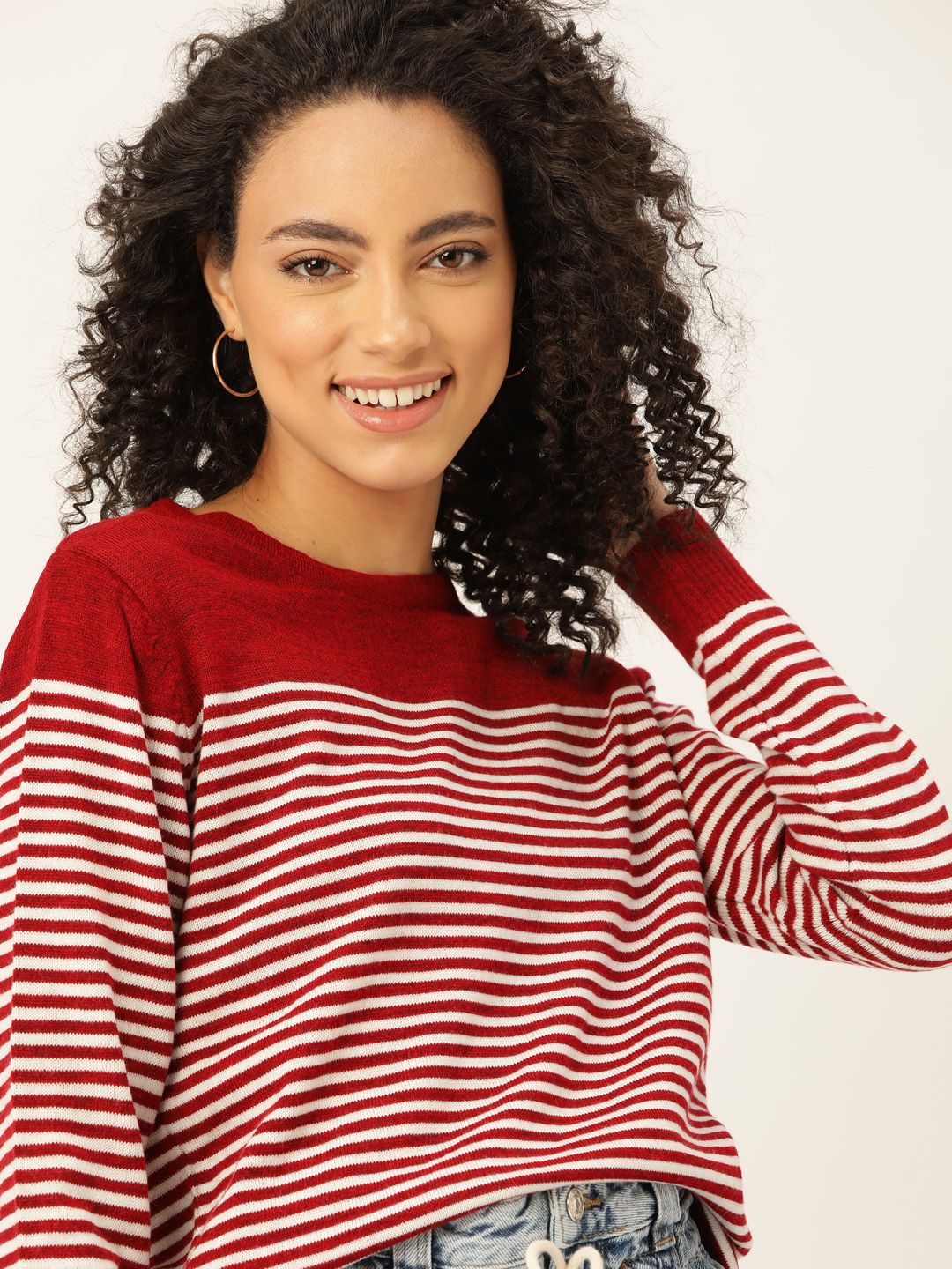 DressBerry Women Maroon Striped Acrylic Pullover Sweater Price in India