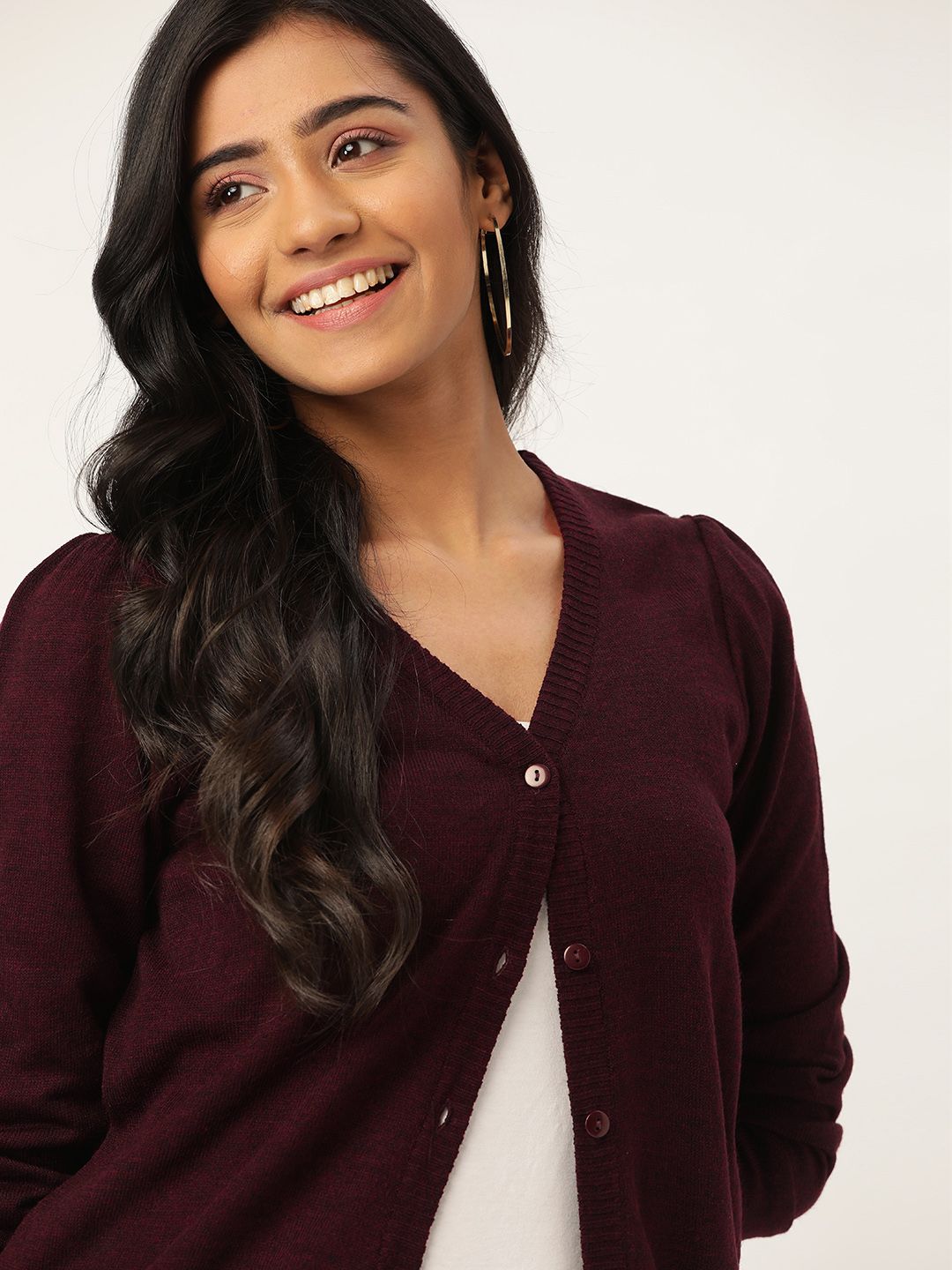 DressBerry Women Maroon Solid Cardigan Sweater Price in India