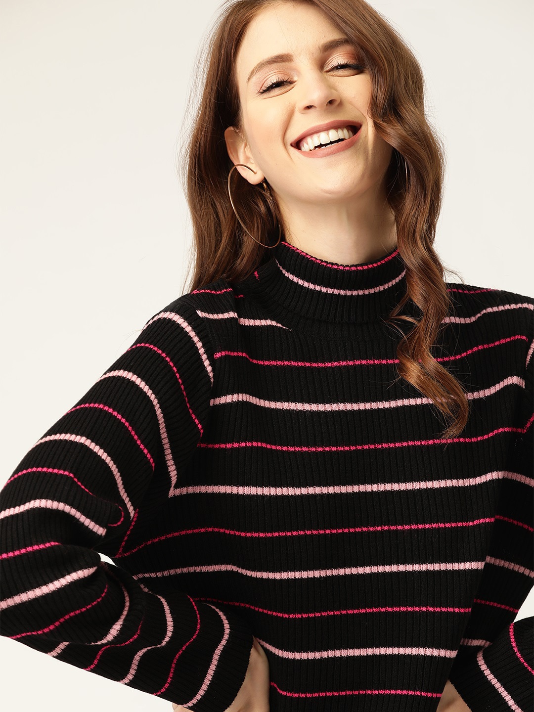 DressBerry Women Black & Pink Striped Pullover Price in India