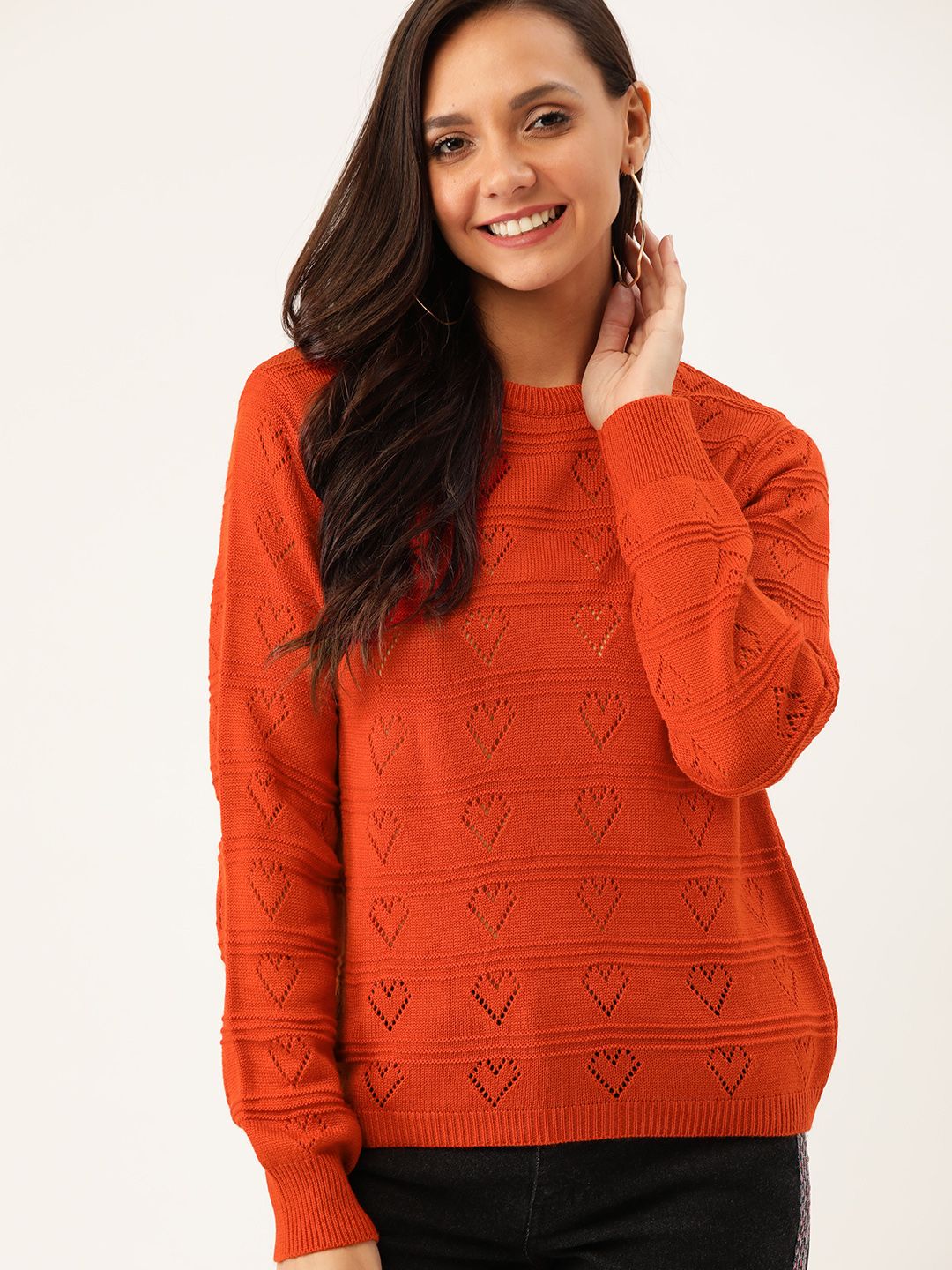 DressBerry Women Rust Red Self Design Pullover Price in India