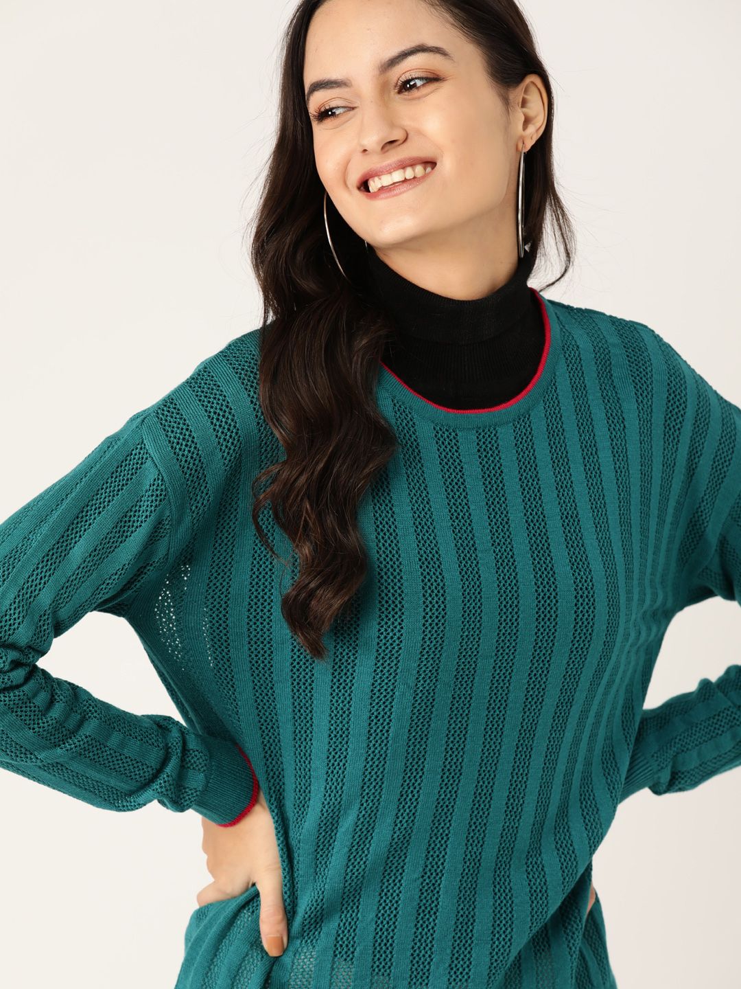 DressBerry Women Teal Green Acrylic Self Design Open Knit Pullover Price in India