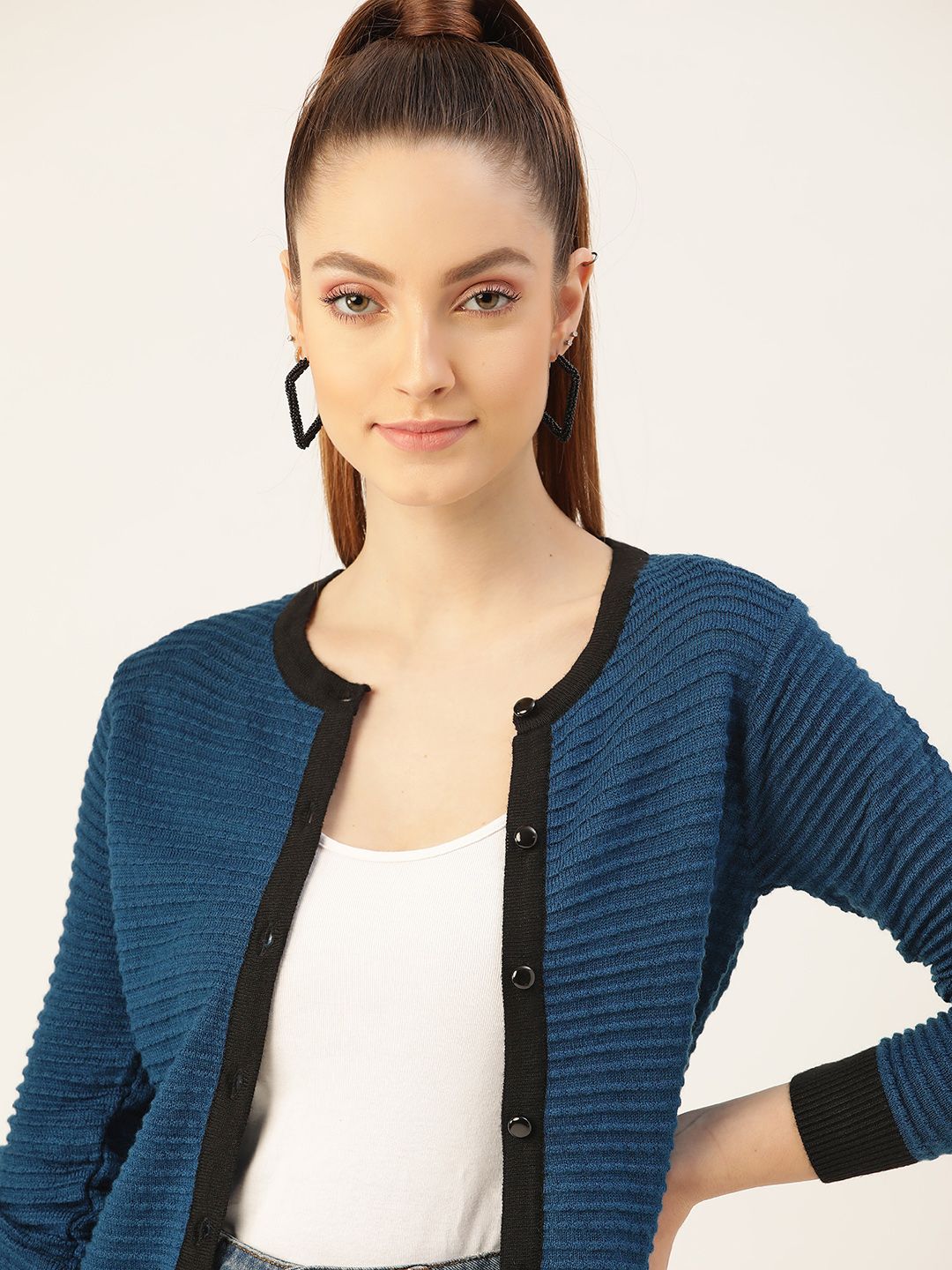 DressBerry Women Teal Blue Ribbed Cardigan Price in India