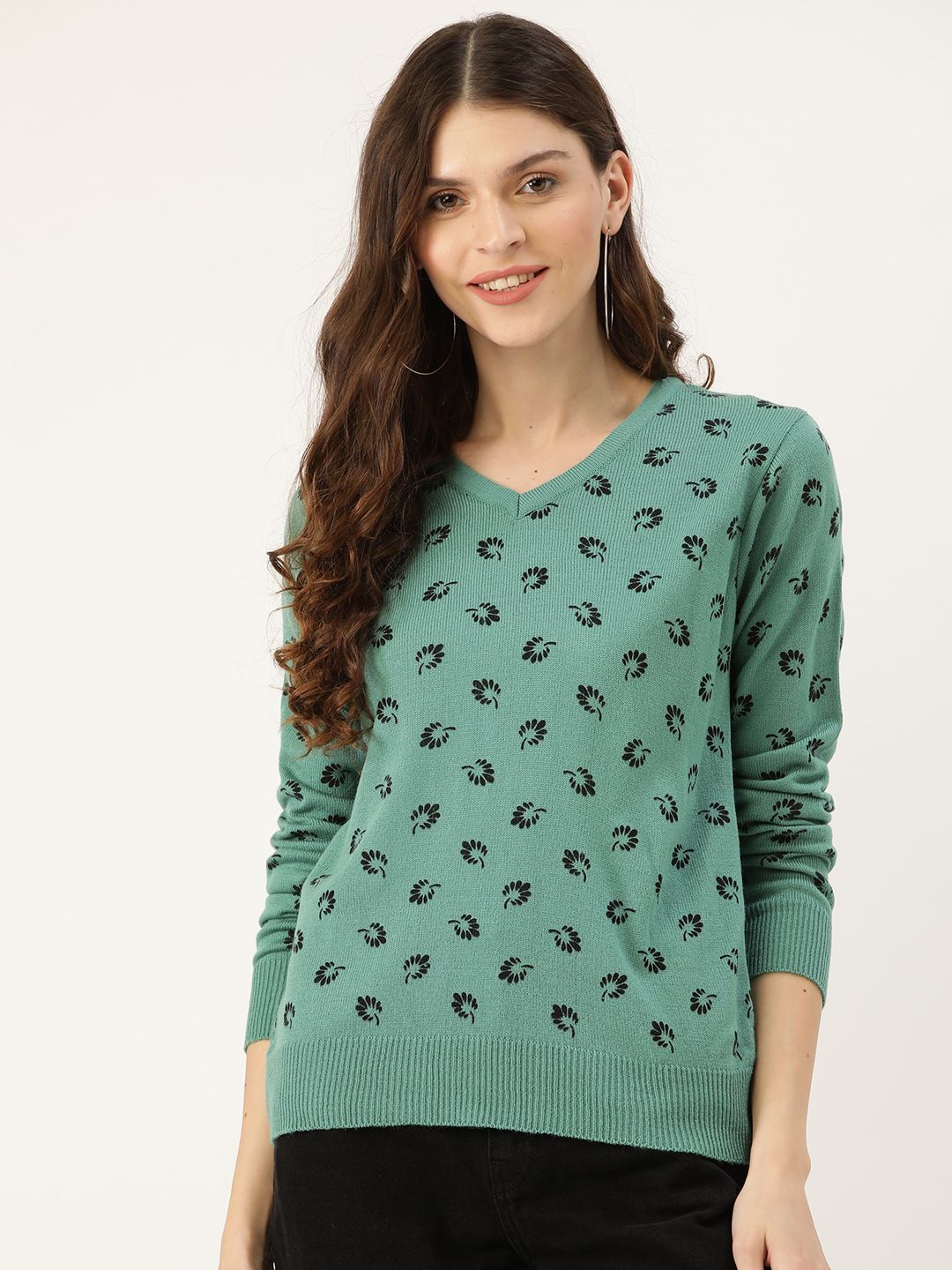 DressBerry Women Green & Black Floral Print Pullover Sweater Price in India