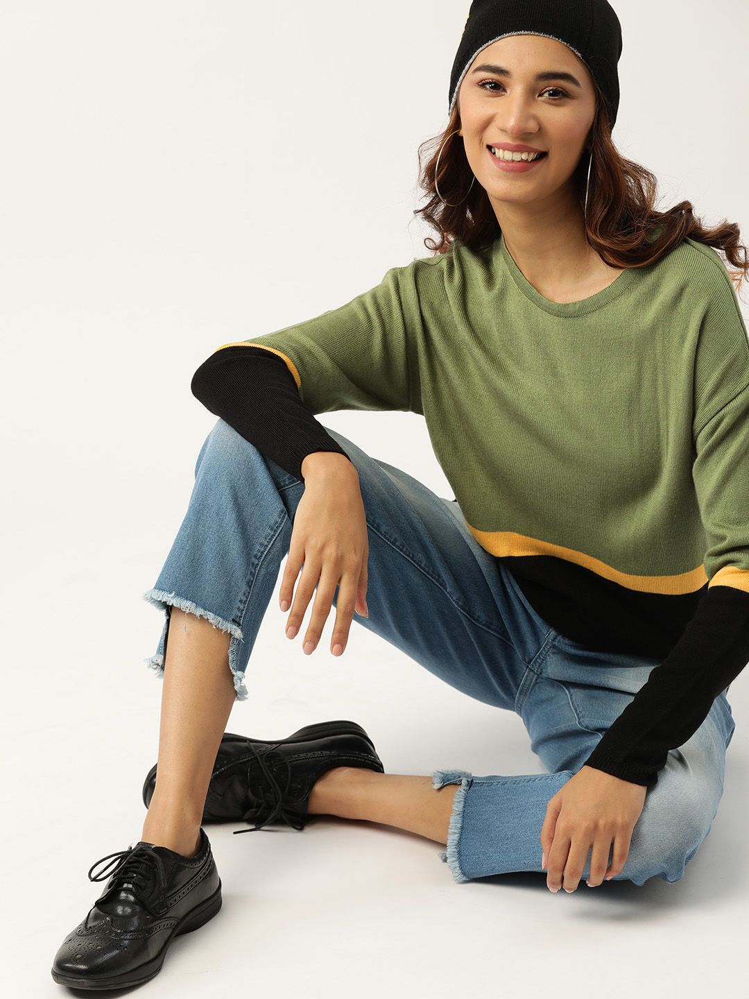 DressBerry Women Olive Green & Black Colourblocked Pullover Sweater Price in India