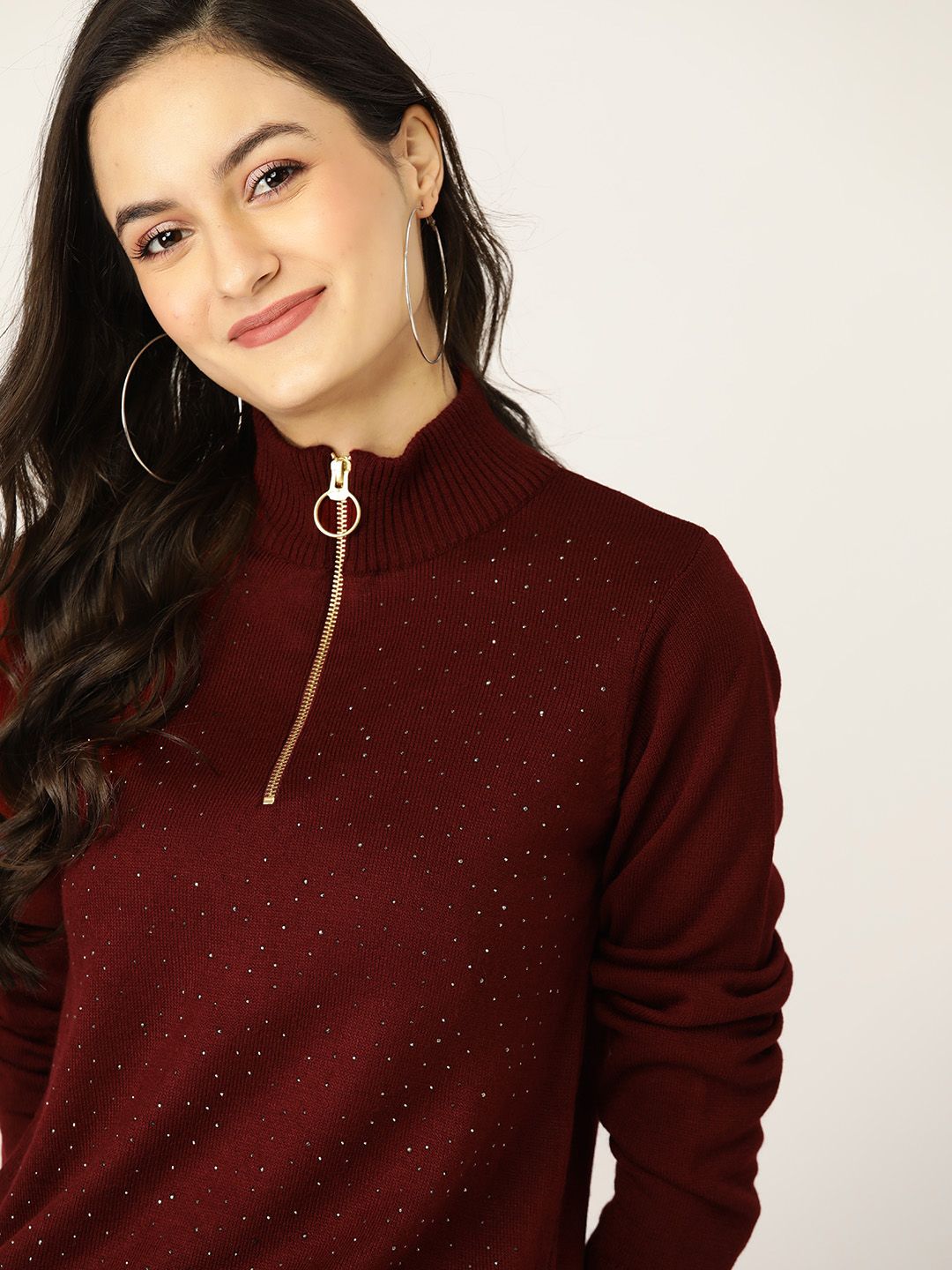 DressBerry Women Maroon & Silver Embellished Pullover Sweater Price in India