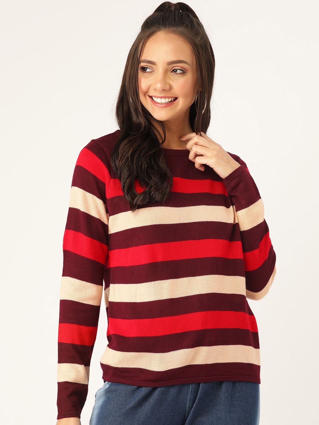 DressBerry Women Burgundy & Red Multi-Striped Pullover Sweater Price in India