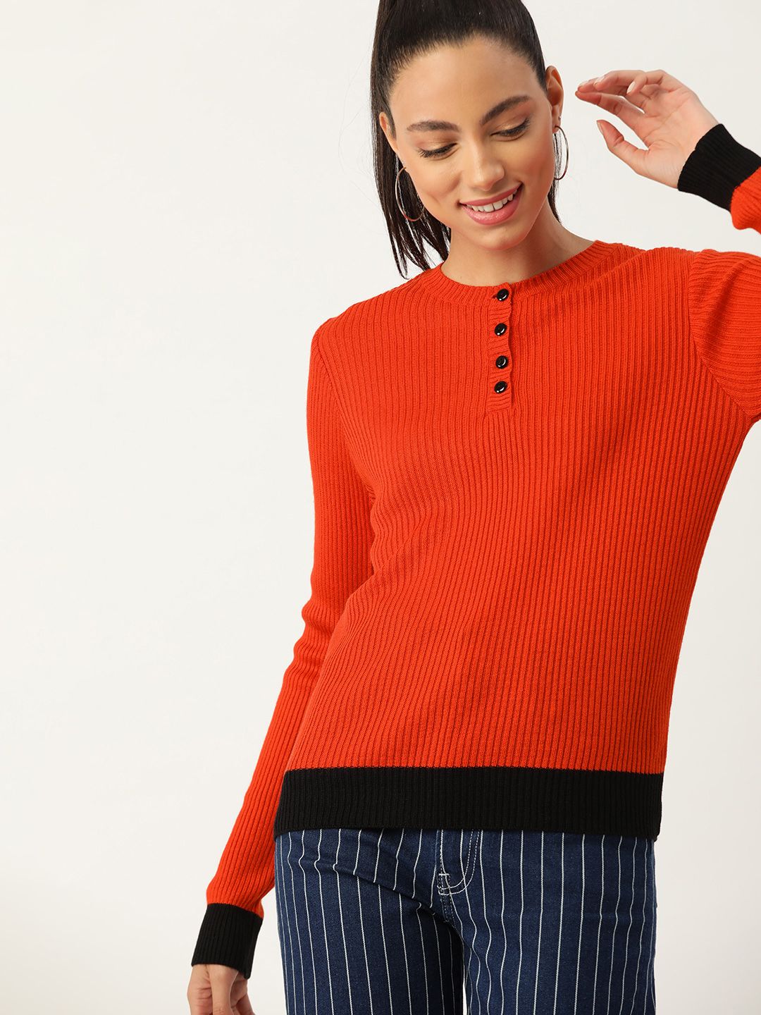 DressBerry Women Orange Ribbed Acrylic Sweater Price in India