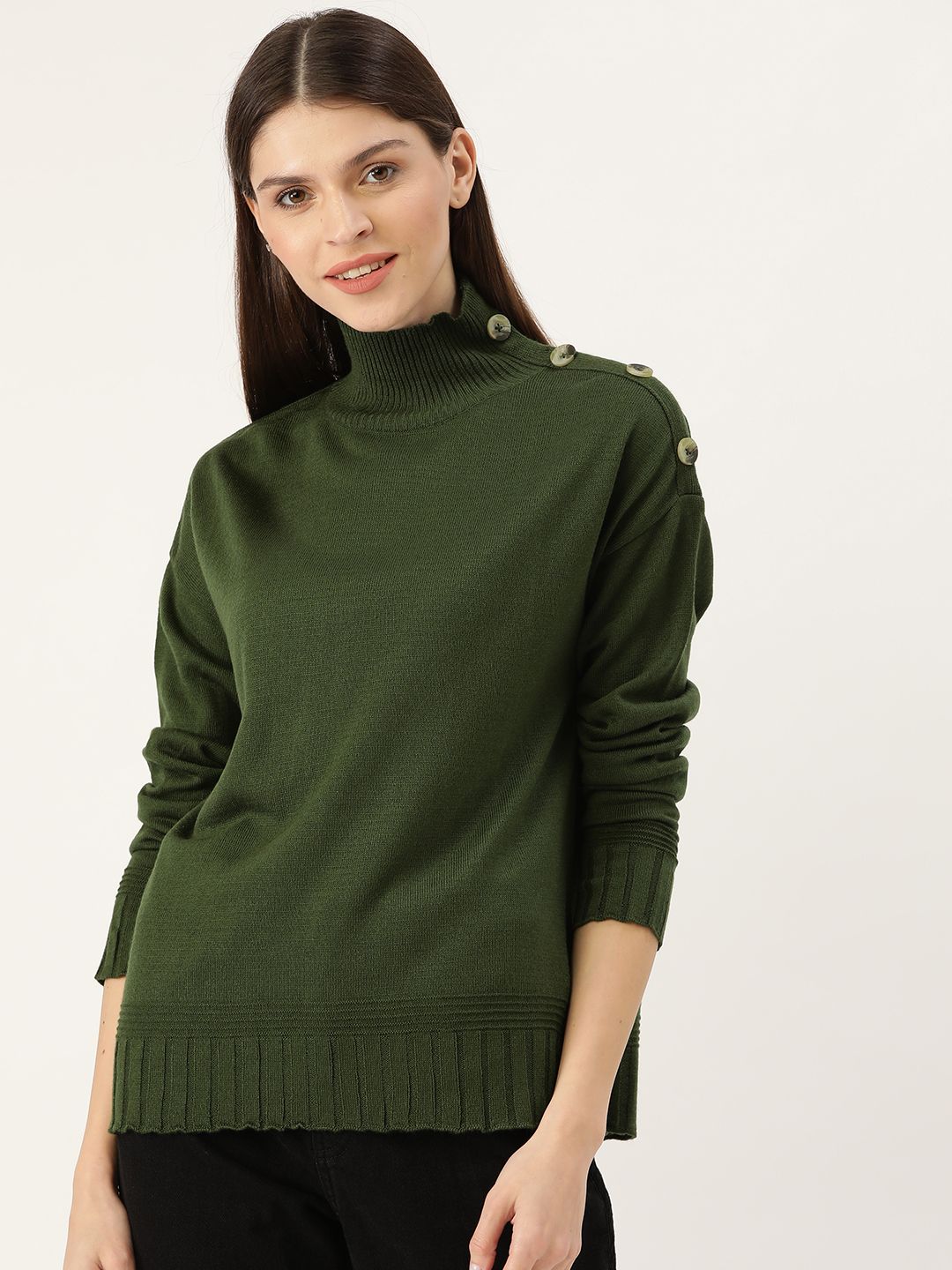 DressBerry Women Olive Green Solid Pullover Price in India
