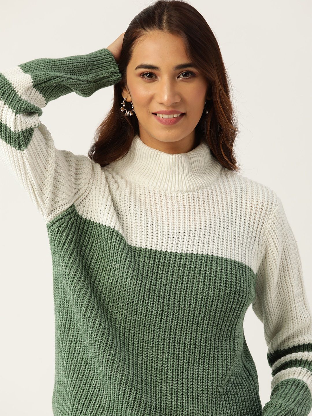 DressBerry Women Olive Green & Off-White Ribbed Colourblocked Pullover Sweater Price in India