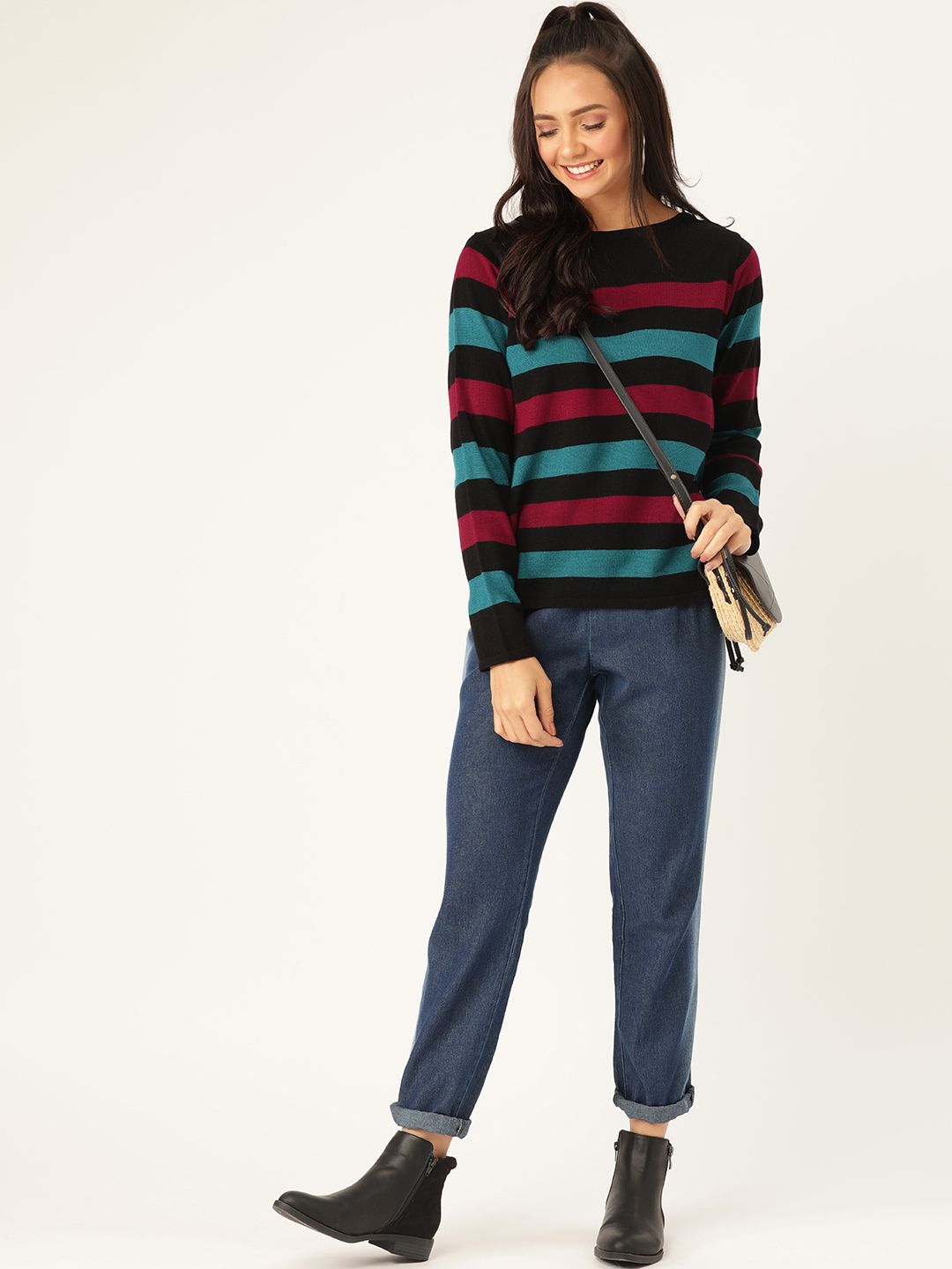 DressBerry Women Black & Rust Red Multi-Striped Pullover Sweater Price in India