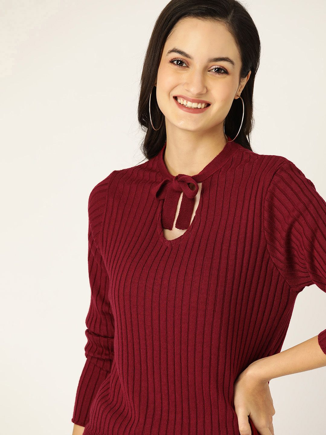 DressBerry Women Maroon Self Striped Pullover Sweater Price in India