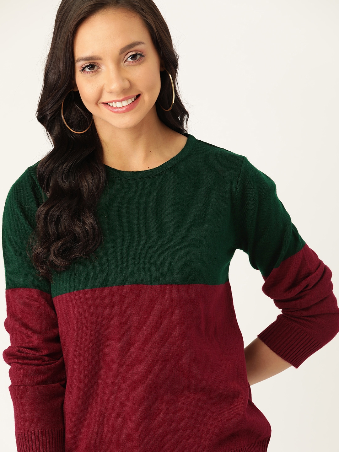 DressBerry Women Maroon & Green Colourblocked Pullover Sweater Price in India