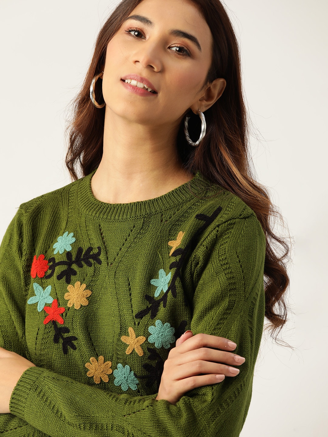 DressBerry Women Green Self Design Embroidered Pullover Price in India