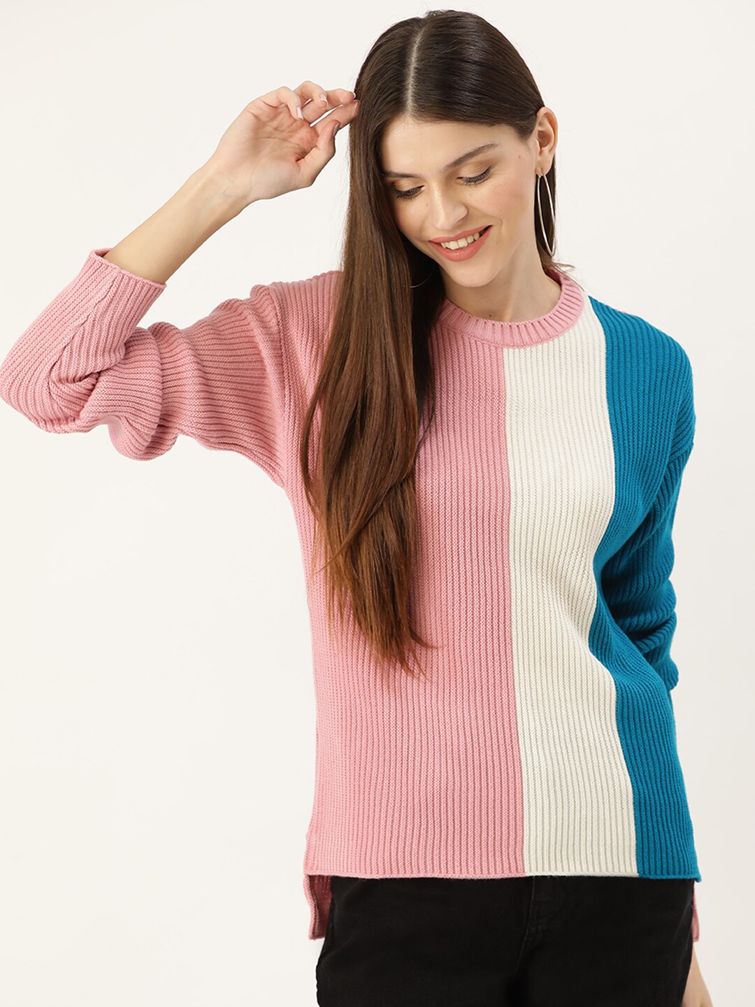 DressBerry Women Pink & Blue Colourblocked Pullover Price in India