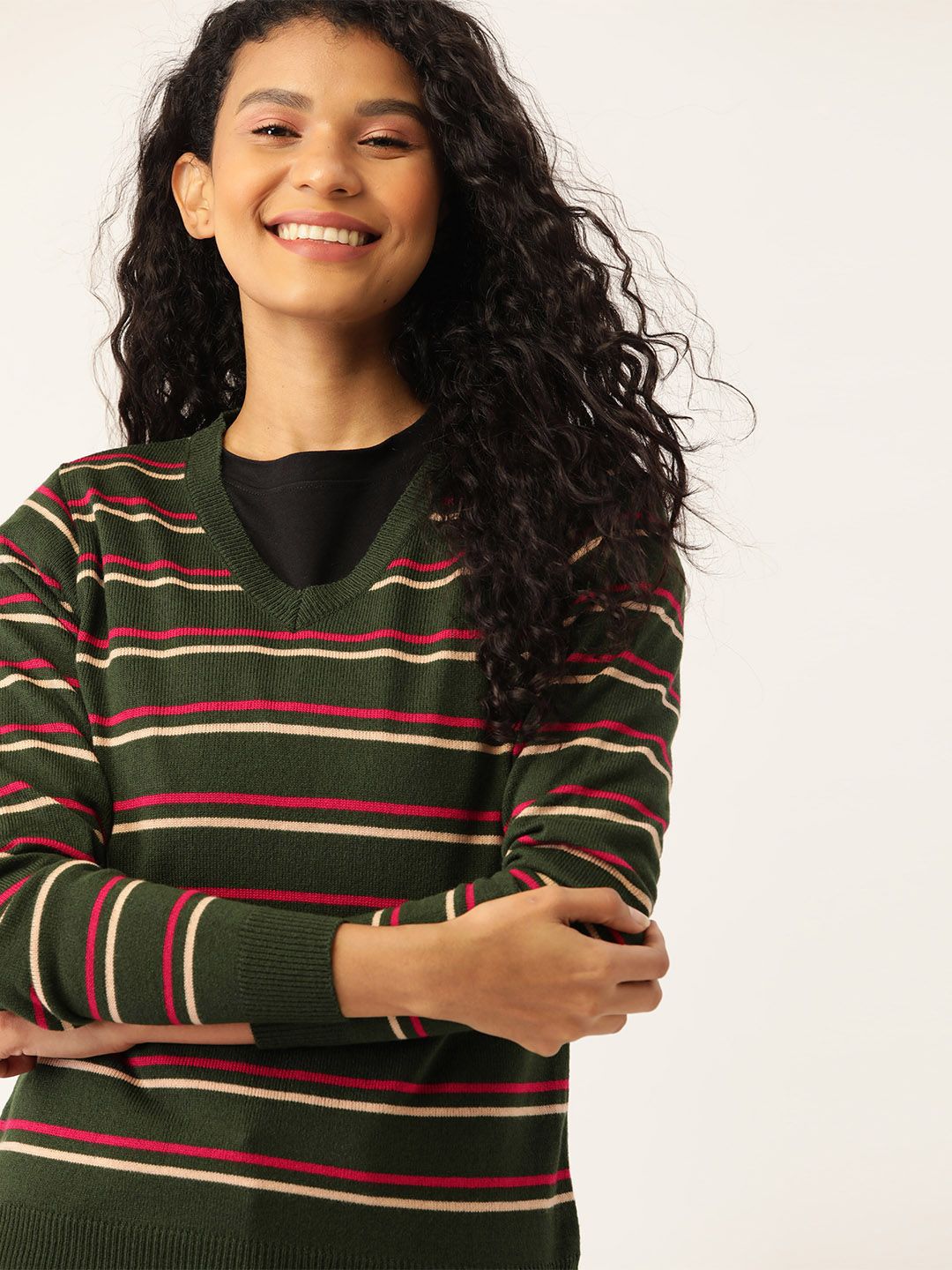 DressBerry Women Olive Green & Pink Striped Pullover Sweater Price in India