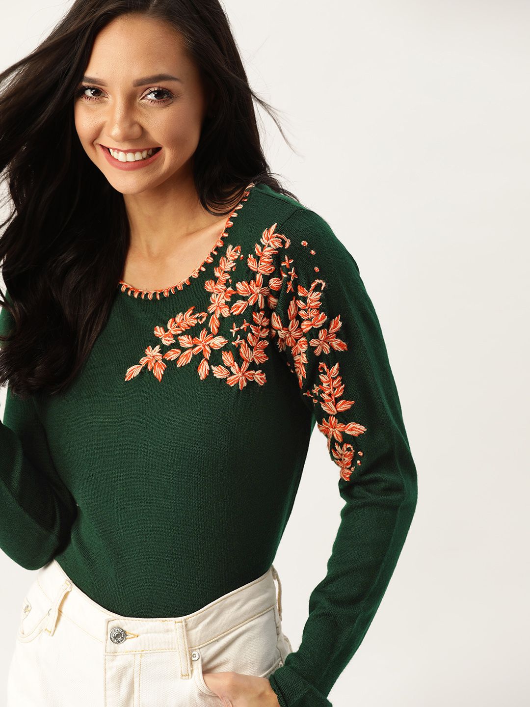 DressBerry Women Olive Green Embroidered Pullover Price in India