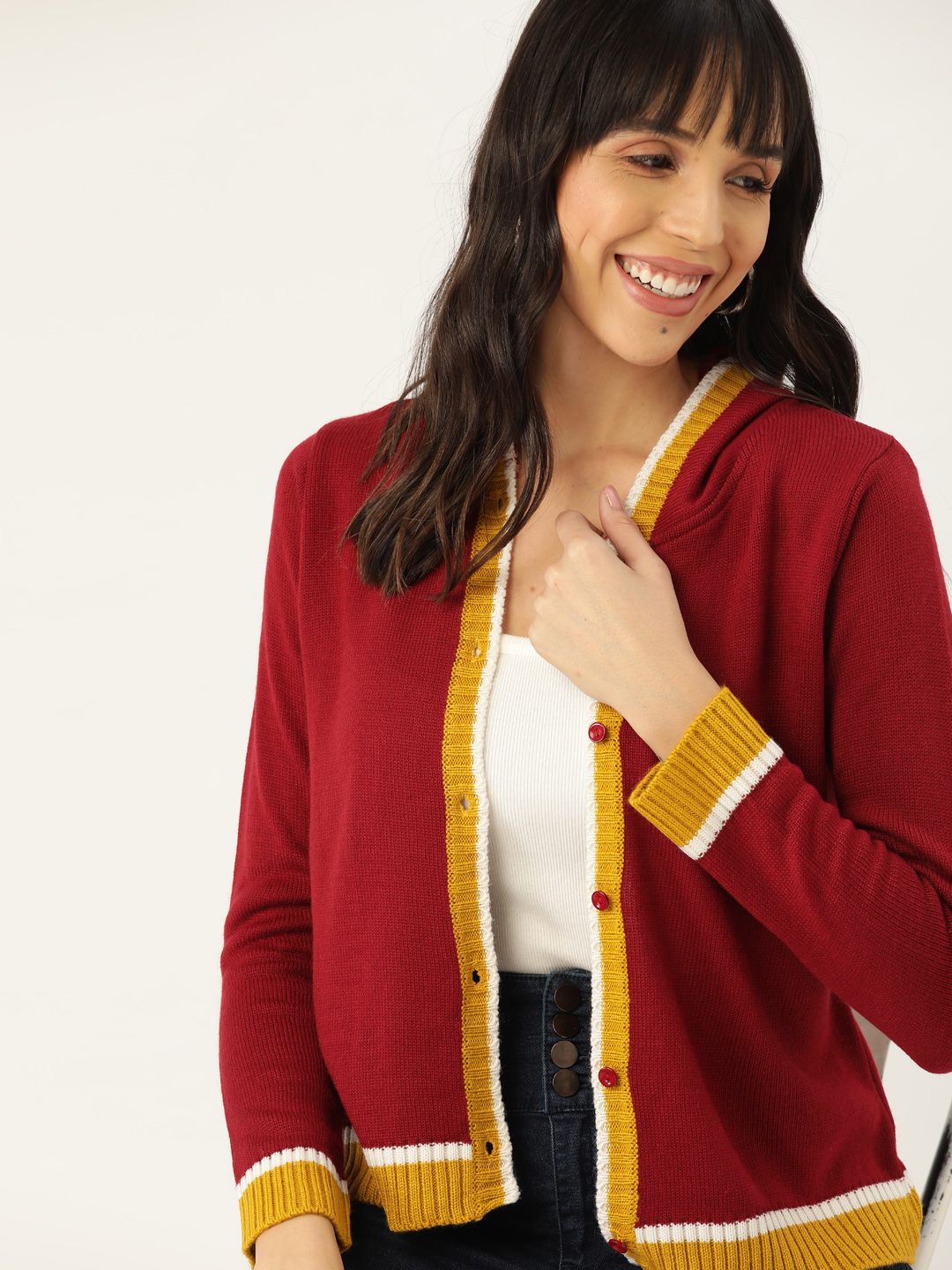 DressBerry Women Red Solid Hooded Cardigan Sweater Price in India