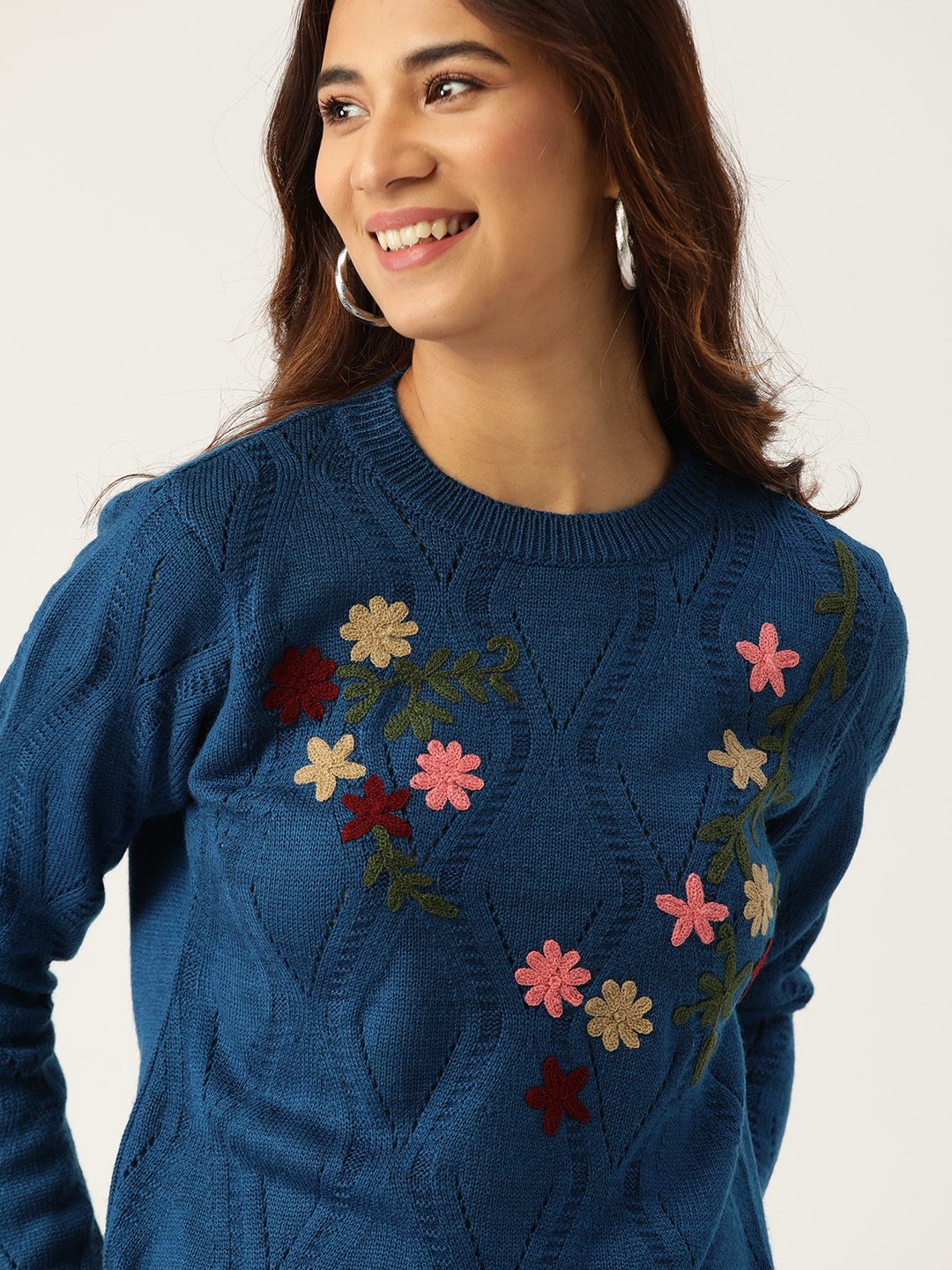 DressBerry Women Teal Blue Self Design Pullover Sweater Price in India