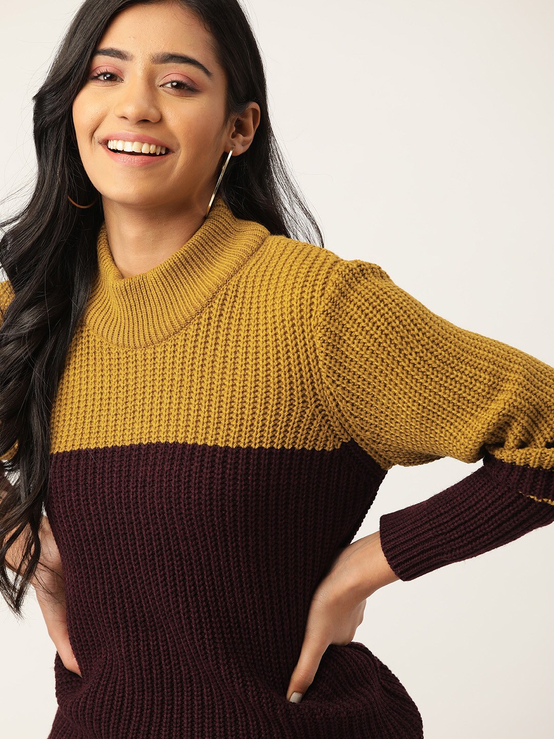 DressBerry Women Mustard Yellow & Coffee Brown Colourblocked Pullover Sweater Price in India
