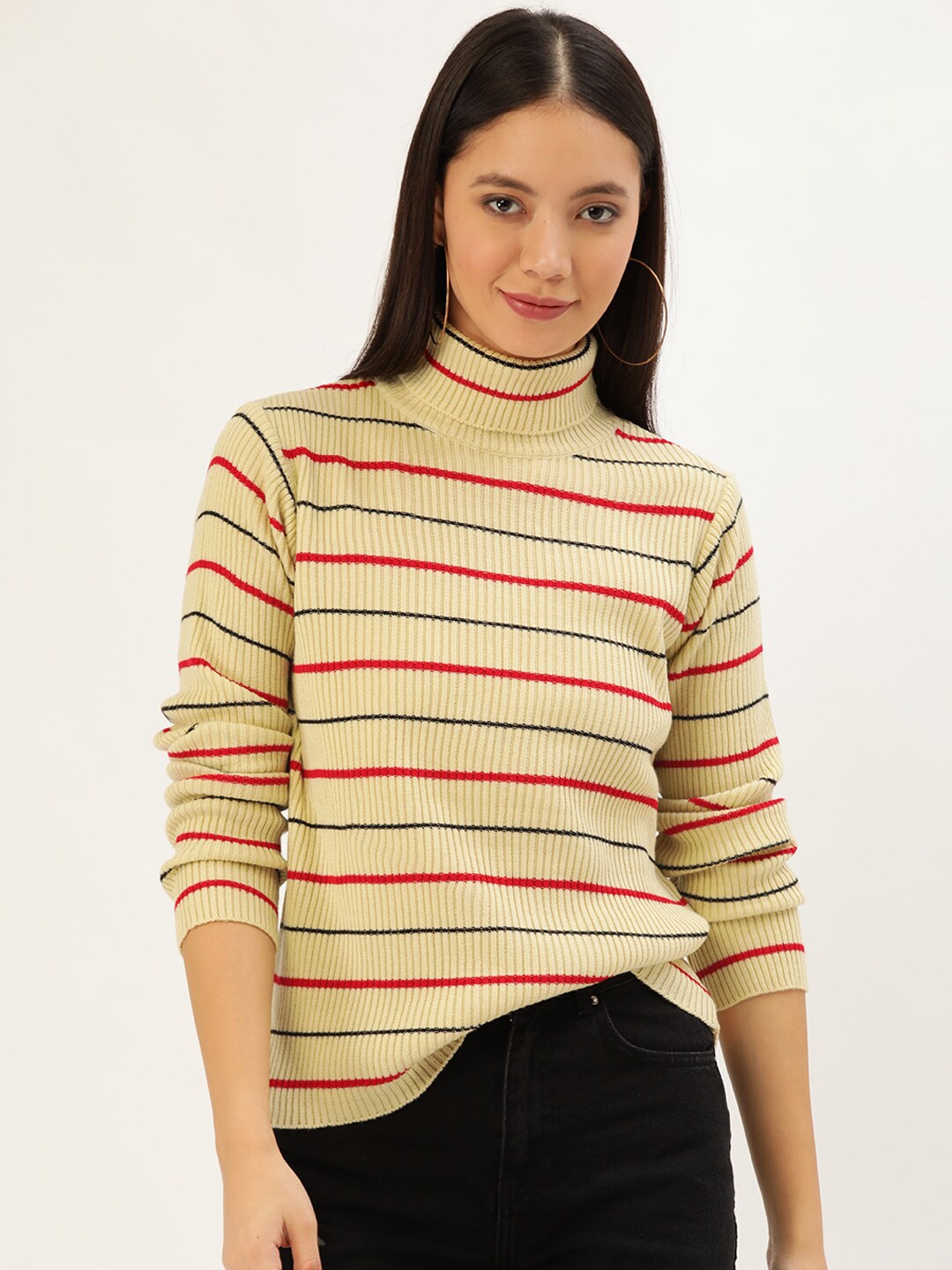 DressBerry Women Cream-Coloured & Red Striped Pullover Sweater Price in India