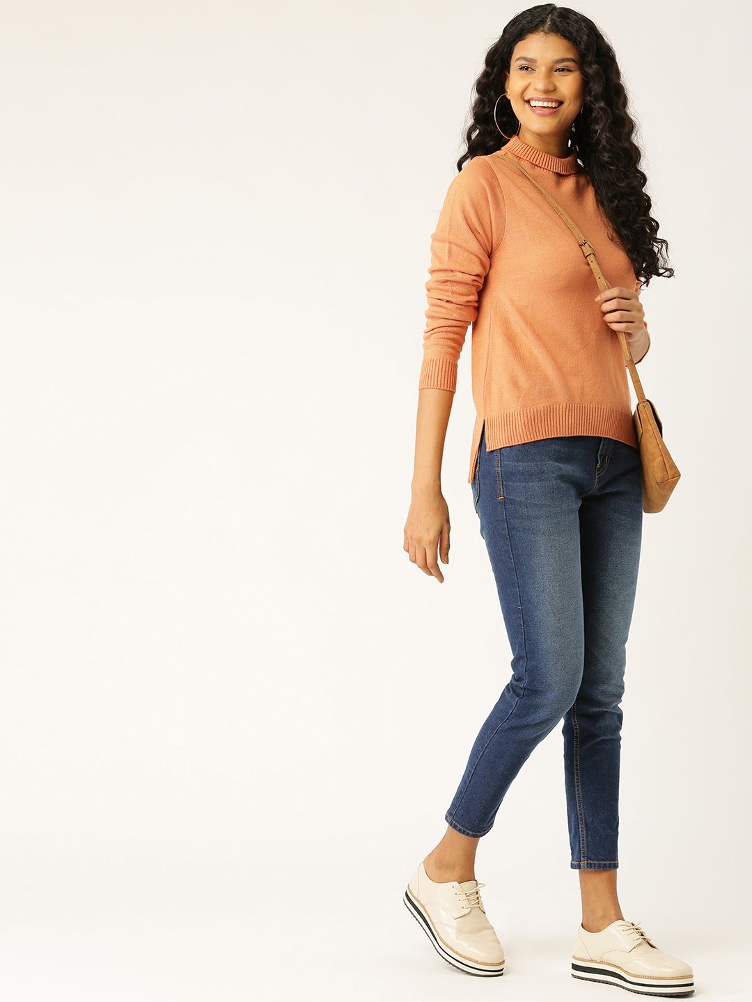 DressBerry Women Peach-Coloured Solid High-Low Pullover Price in India