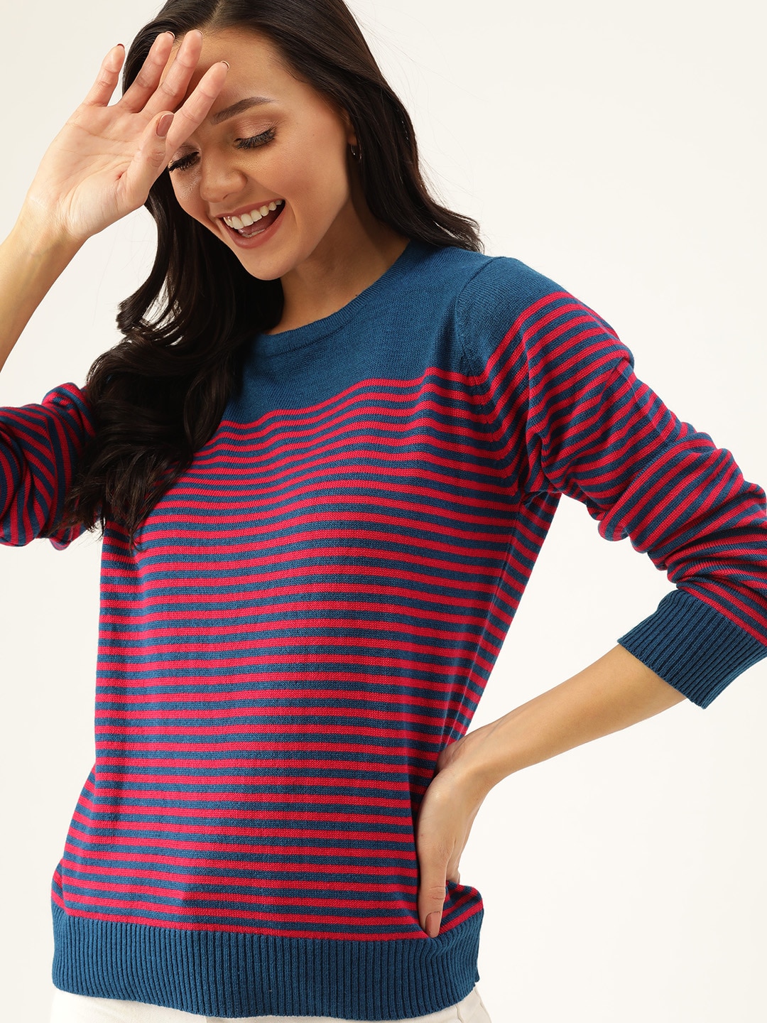 DressBerry Women Navy Blue & Red Striped Pullover Price in India