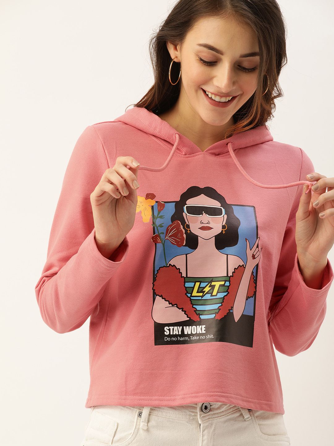 DressBerry Women Rust Pink Graphic Printed Hooded Sweatshirt Price in India