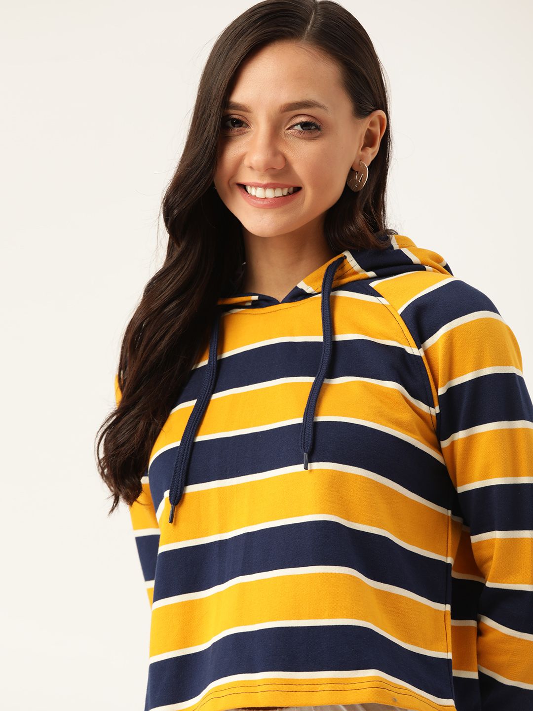 DressBerry Women Mustard Yellow & Navy Blue Striped Hooded Sweatshirt Price in India