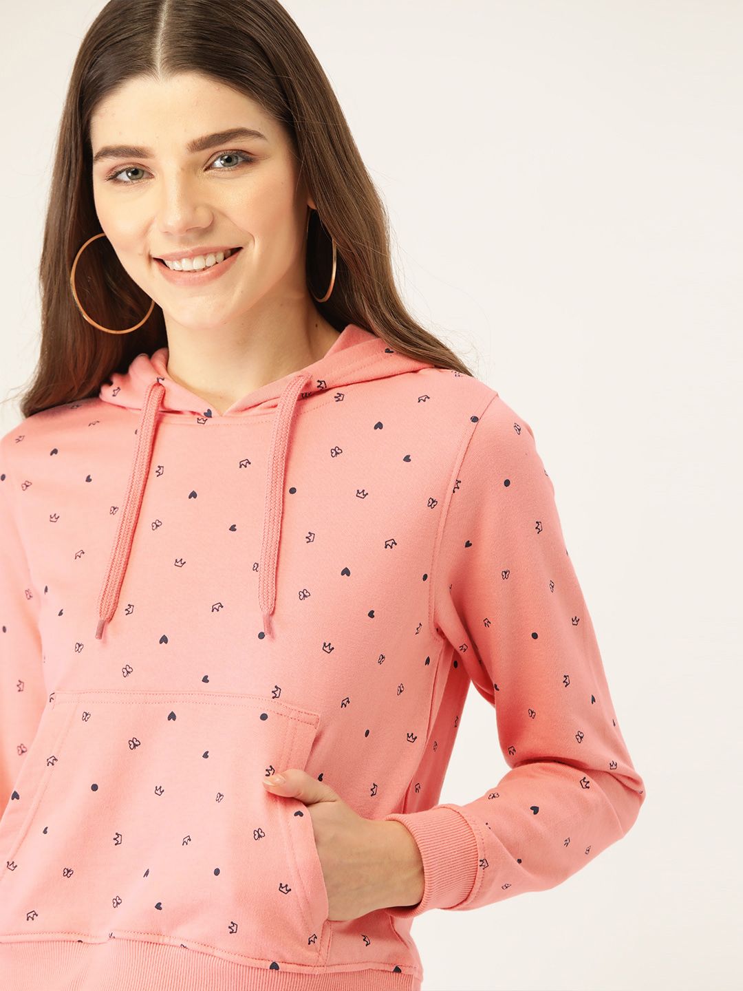 DressBerry Women Pink & Navy Blue Conversational Printed Hooded Sweatshirt Price in India