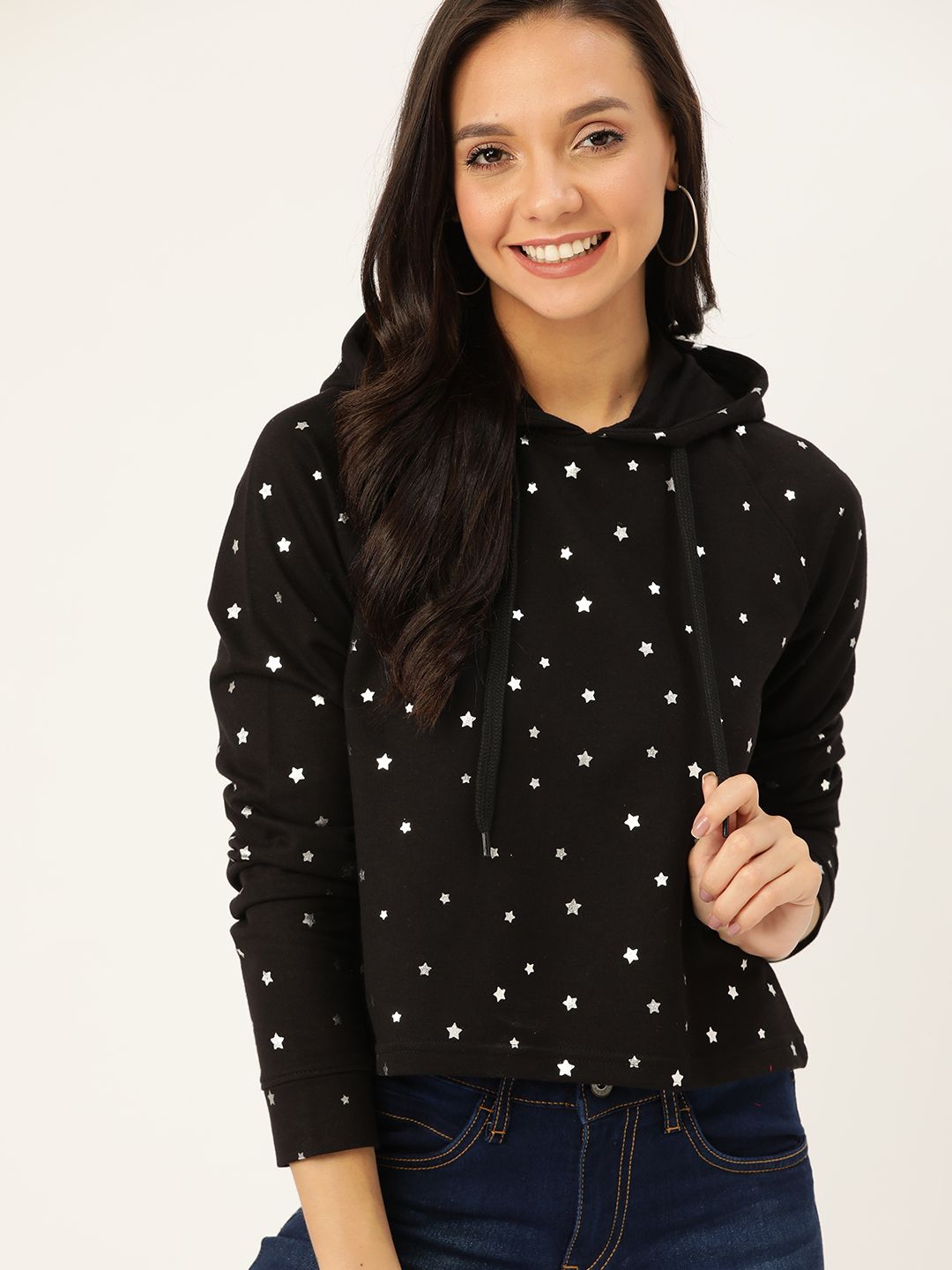 DressBerry Women Black & Silver Printed Hooded Sweatshirt Price in India