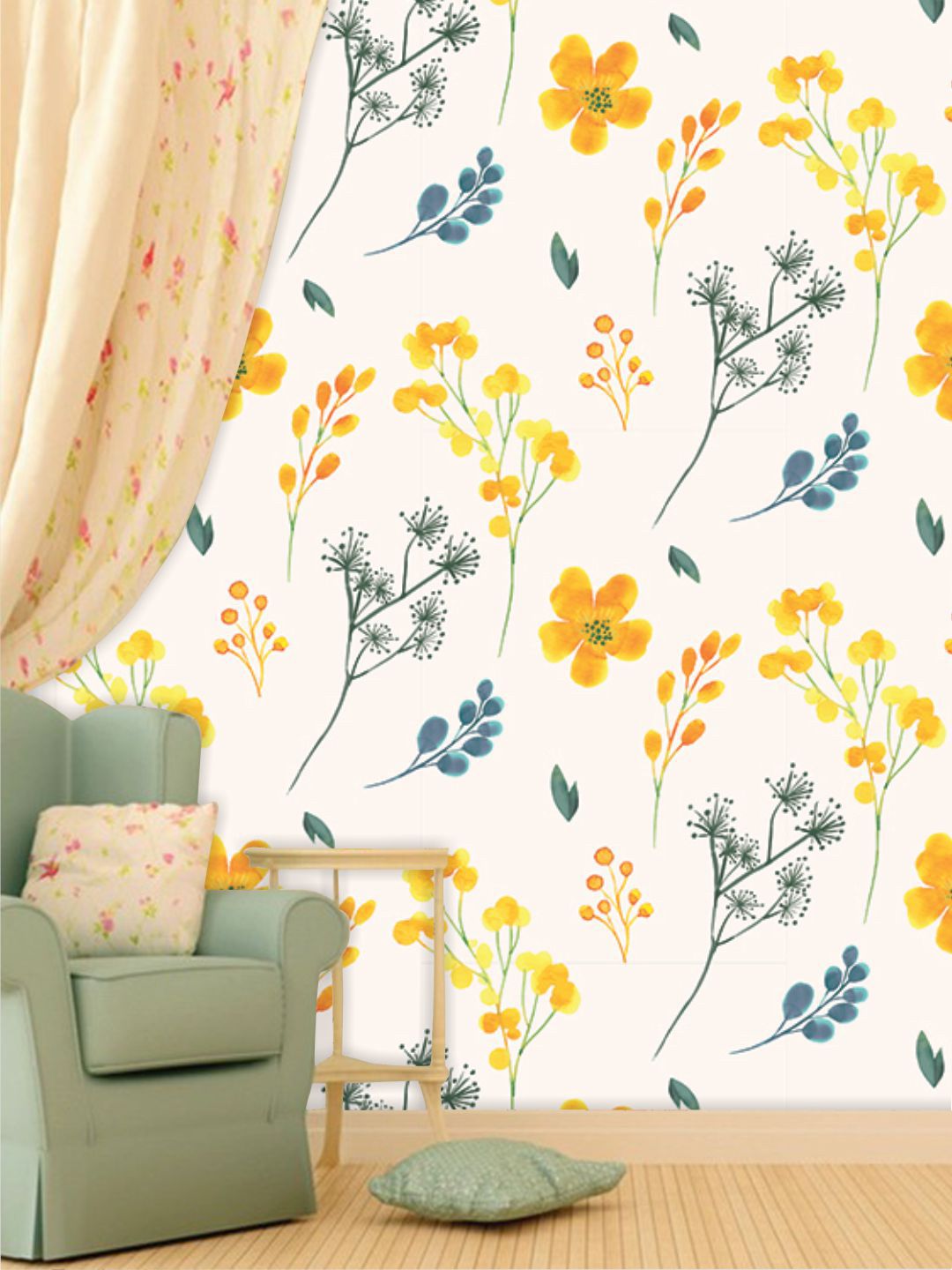 PAPER PLANE DESIGN Off-White & Mustard Yellow Printed Waterproof Vinyl Wallpaper Price in India