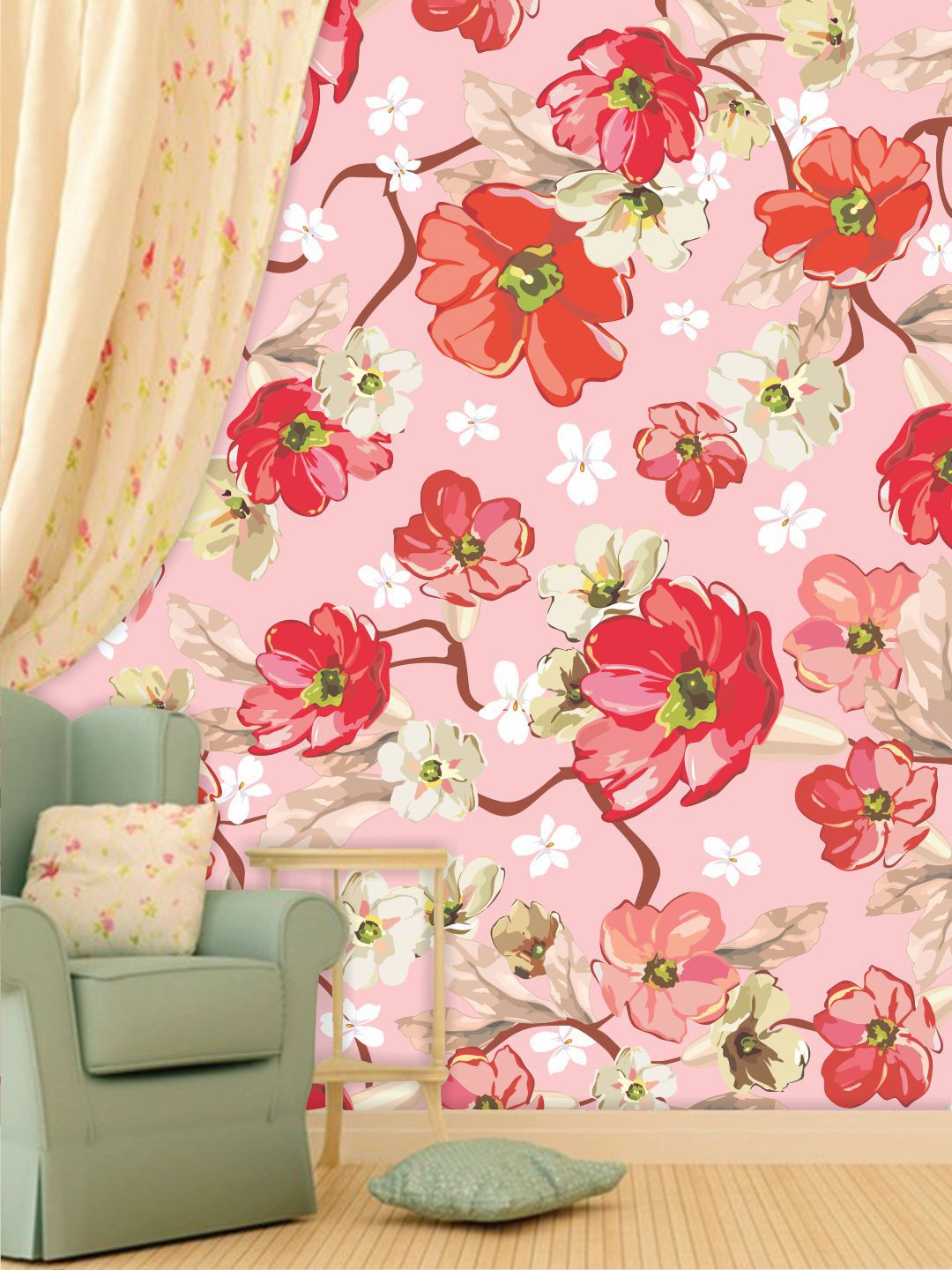 PAPER PLANE DESIGN Pink & Red Floral Printed Waterproof Vinyl Wallpaper Price in India