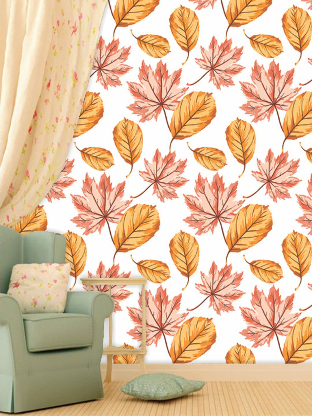 PAPER PLANE DESIGN Peach-Coloured & Mustard Yellow Floral Waterproof Wallpaper Price in India