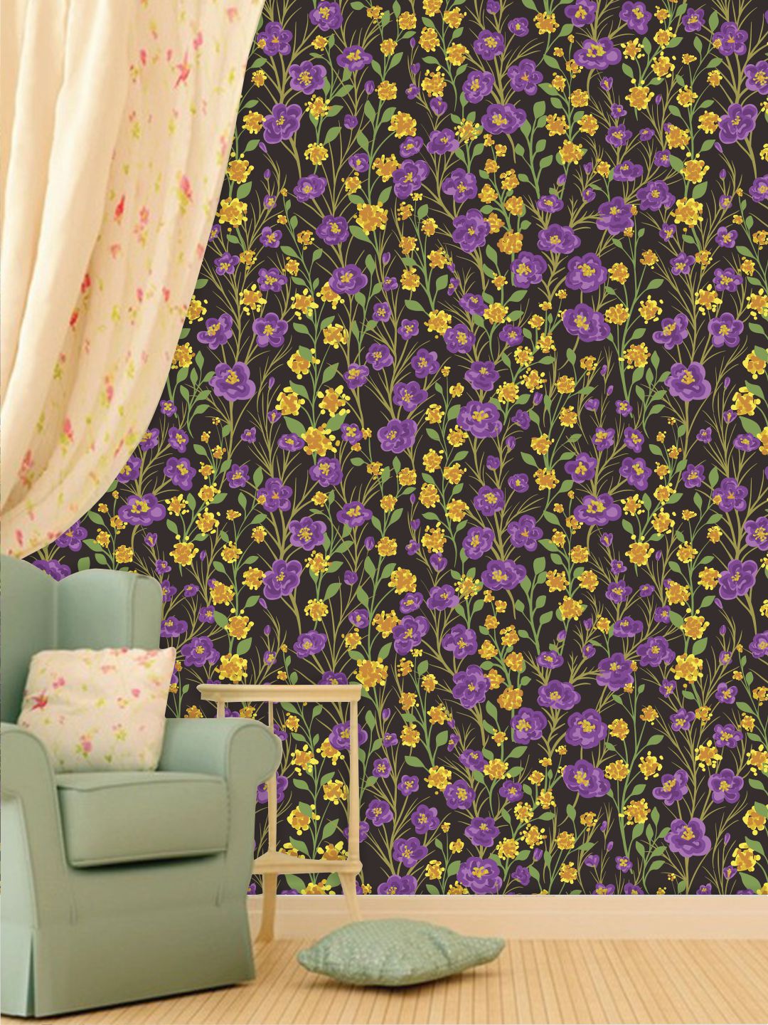 PAPER PLANE DESIGN Purple & Yellow Floral Waterproof Vinyl Wallpaper Price in India