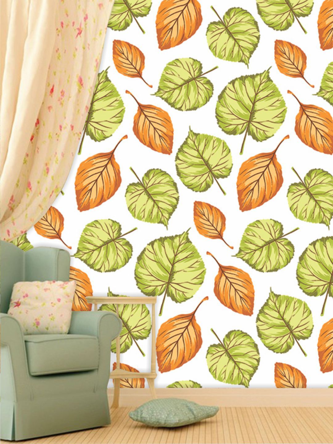 PAPER PLANE DESIGN Green & Orange Floral Waterproof Vinyl Wallpaper Price in India