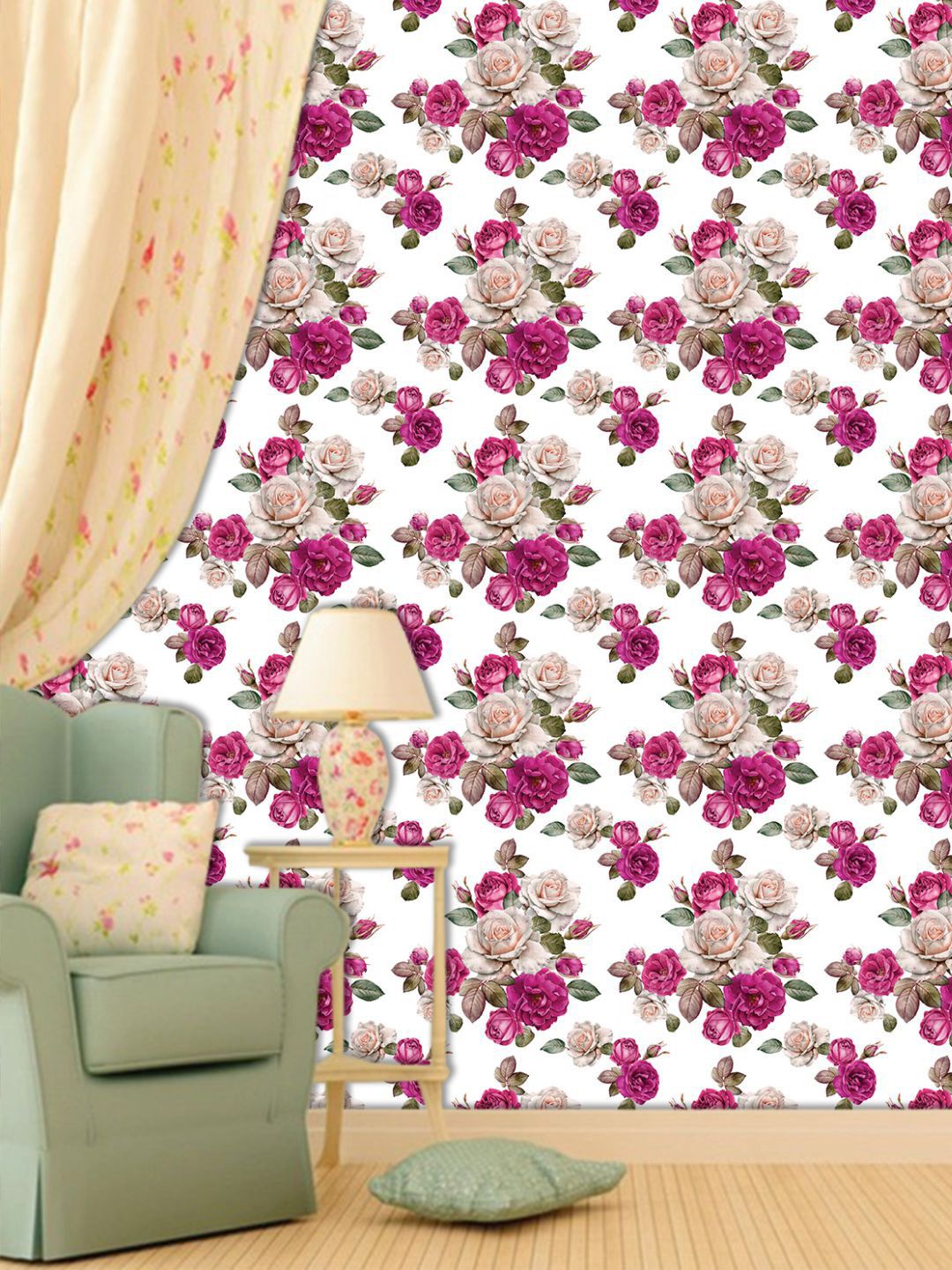 PAPER PLANE DESIGN White & Magenta Floral Waterproof Vinyl Wallpaper Price in India