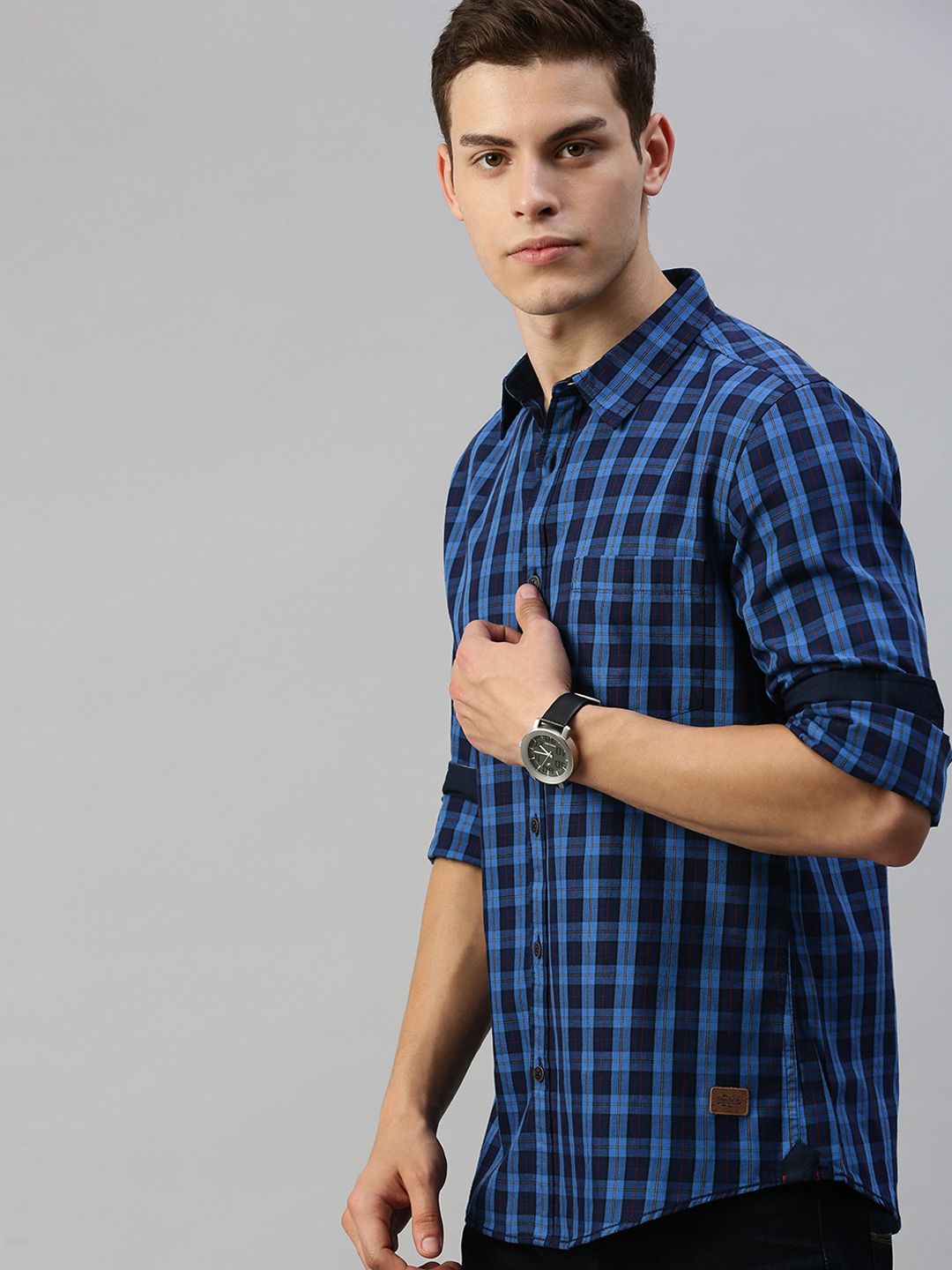 【NAVY】Plaid shirt Men's Navy Blue Plaid Check Shirt – Slim Fit Cotton Casual Shirt